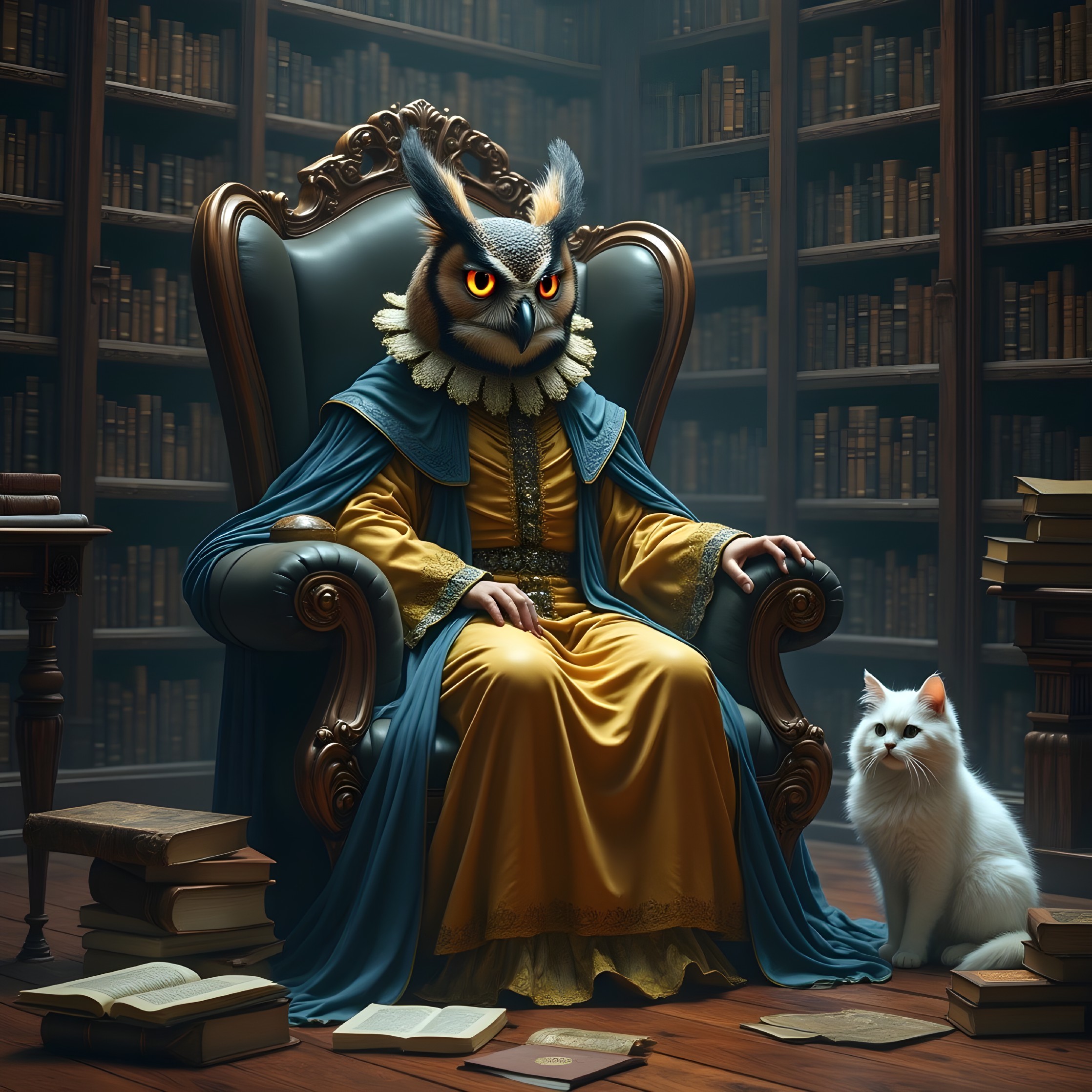 Majestic figure with owl head in grand library setting