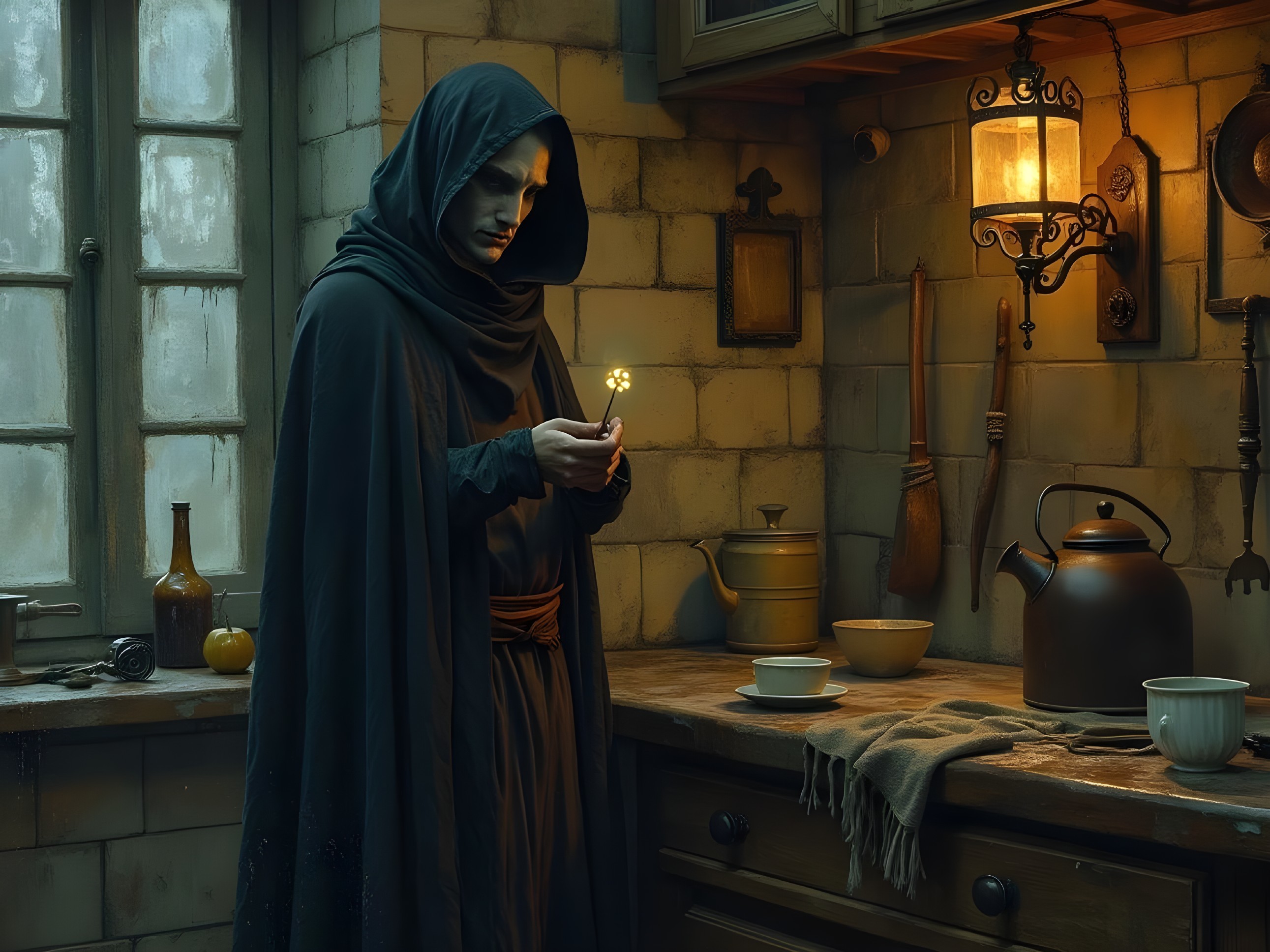 Cloaked Figure in Rustic Kitchen with Vintage Decor