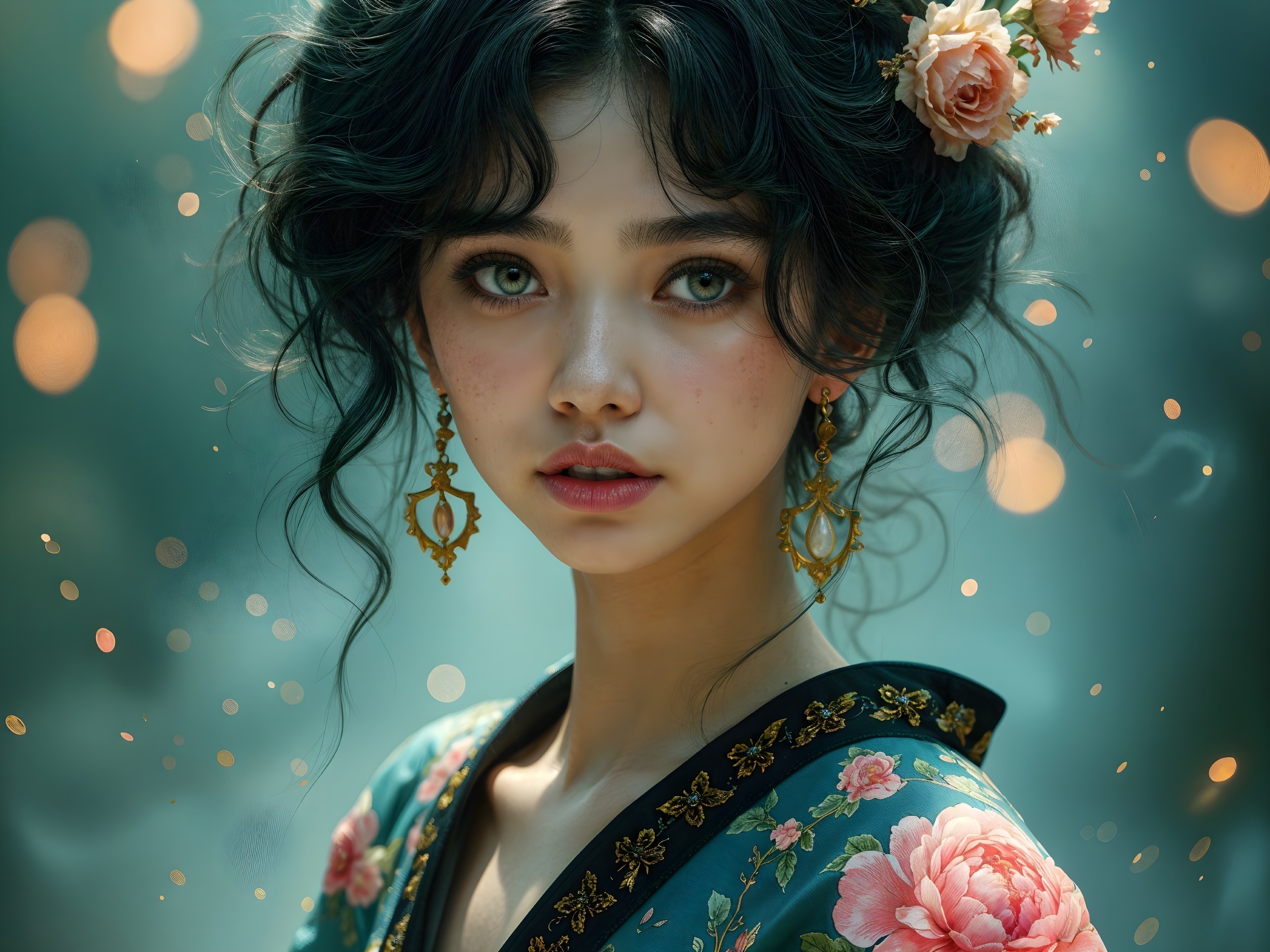 Young Woman in Floral Robe with Elegant Accessories