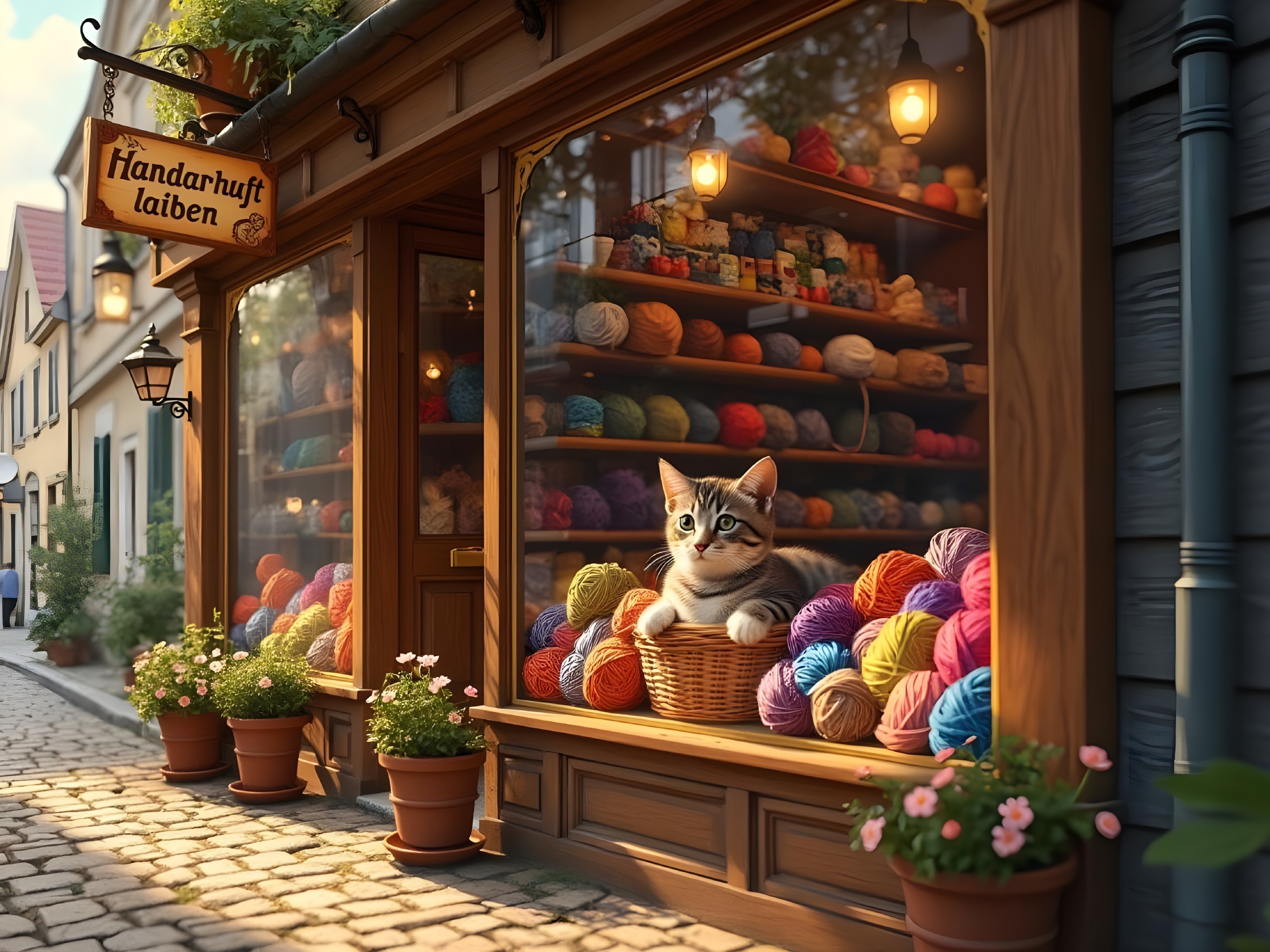 Charming Yarn Shop with Colorful Display and Cat