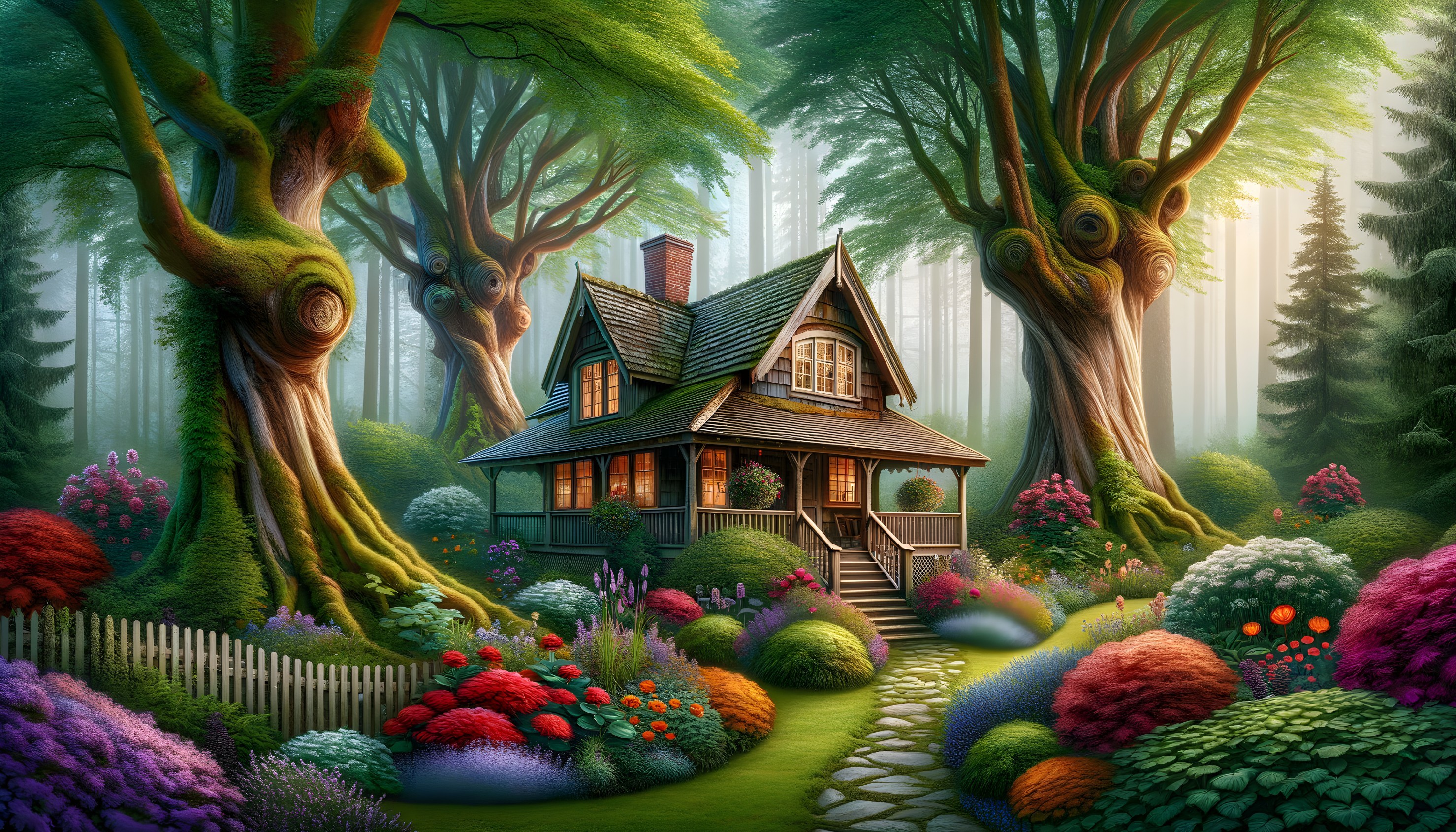 Charming Cottage in a Lush Garden Surrounded by Trees