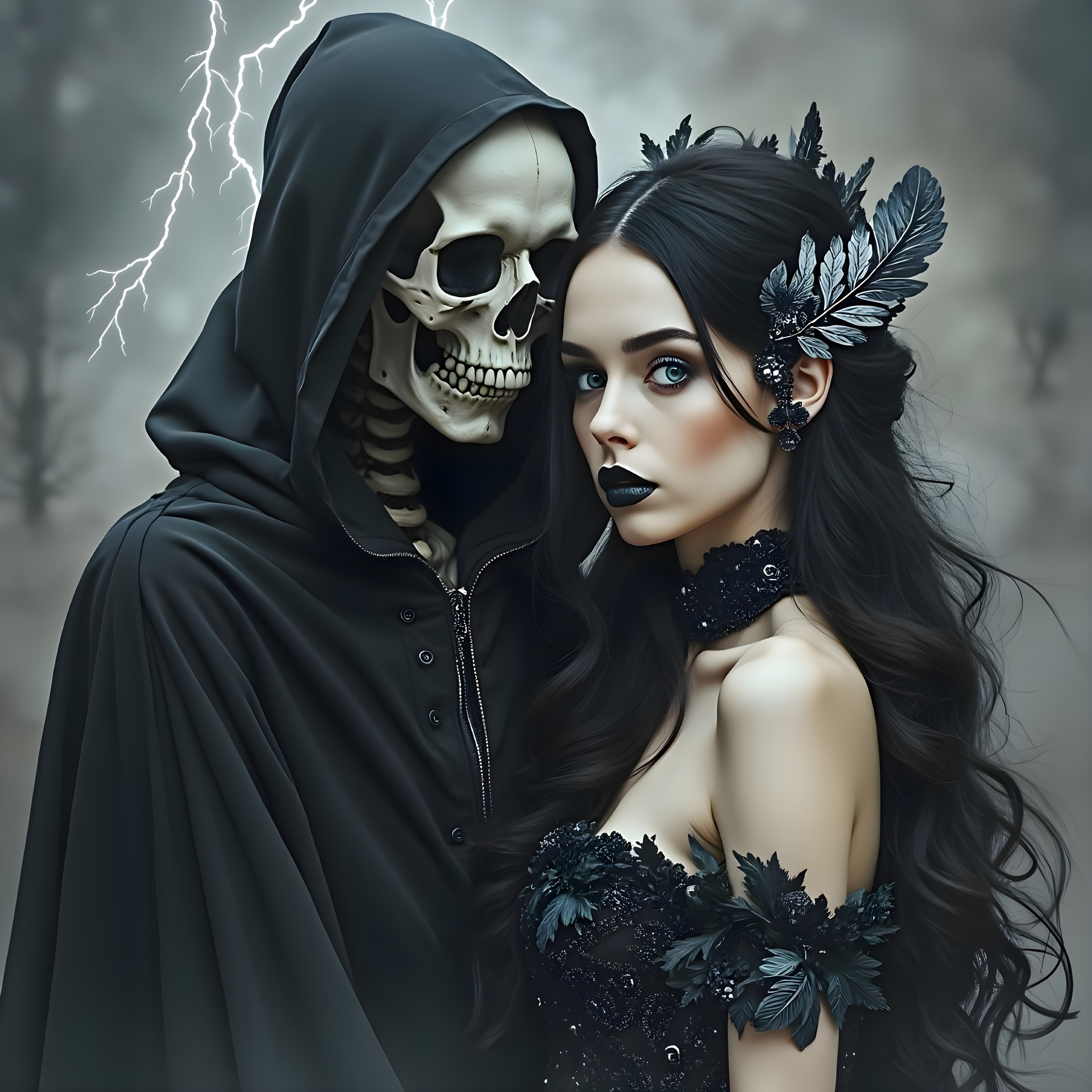 Ethereal Scene of Woman and Skeleton in Stormy Setting