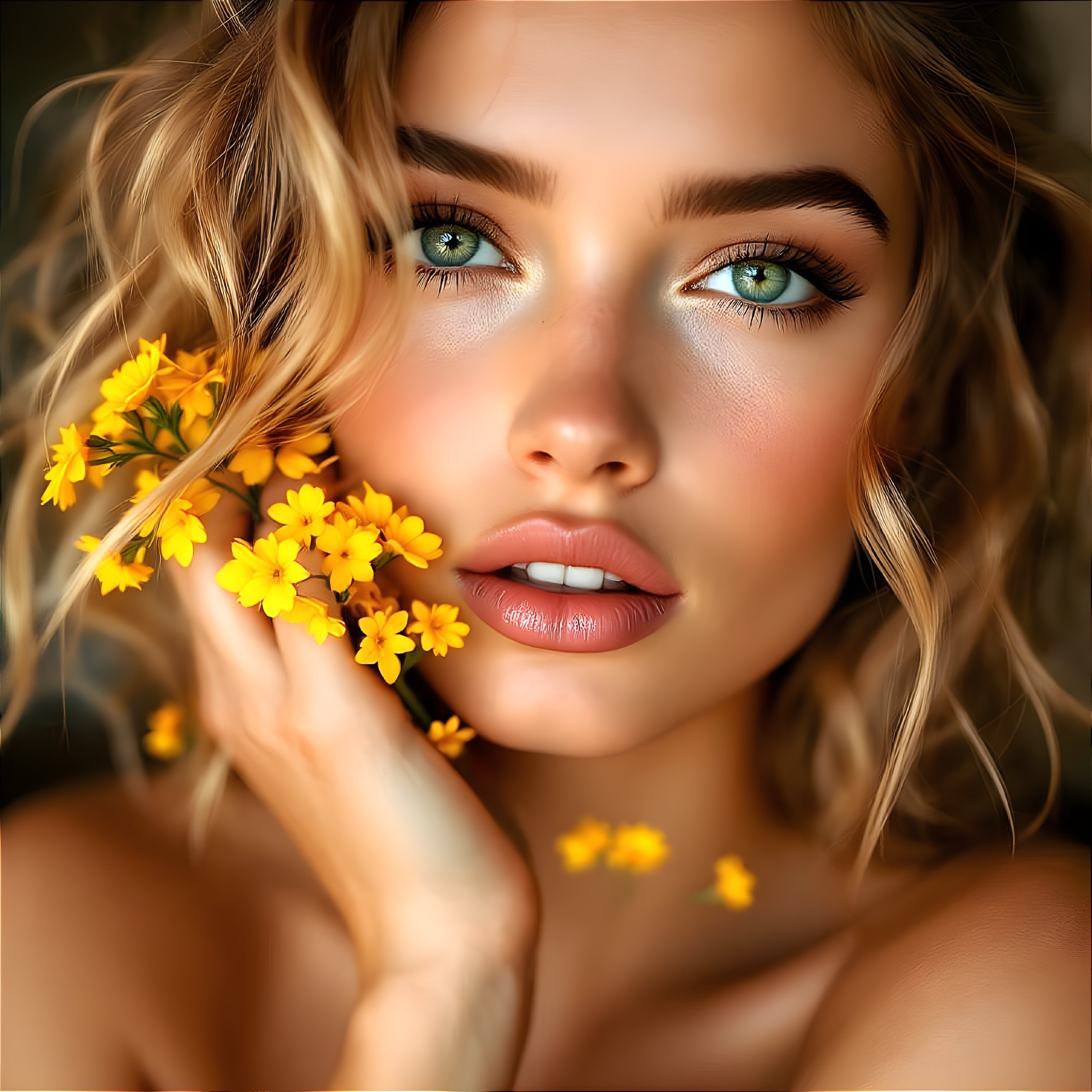 Portrait of a Young Woman with Green Eyes and Flowers