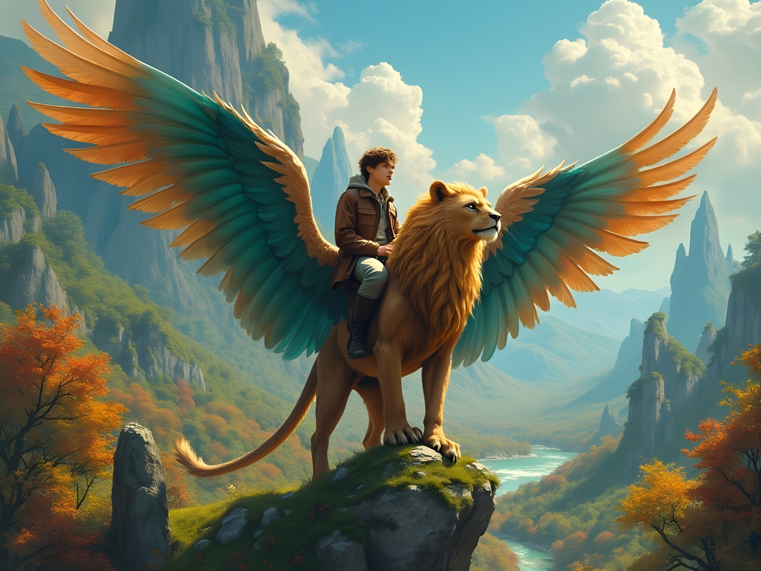 Young Adventurer on Majestic Winged Lion in Nature