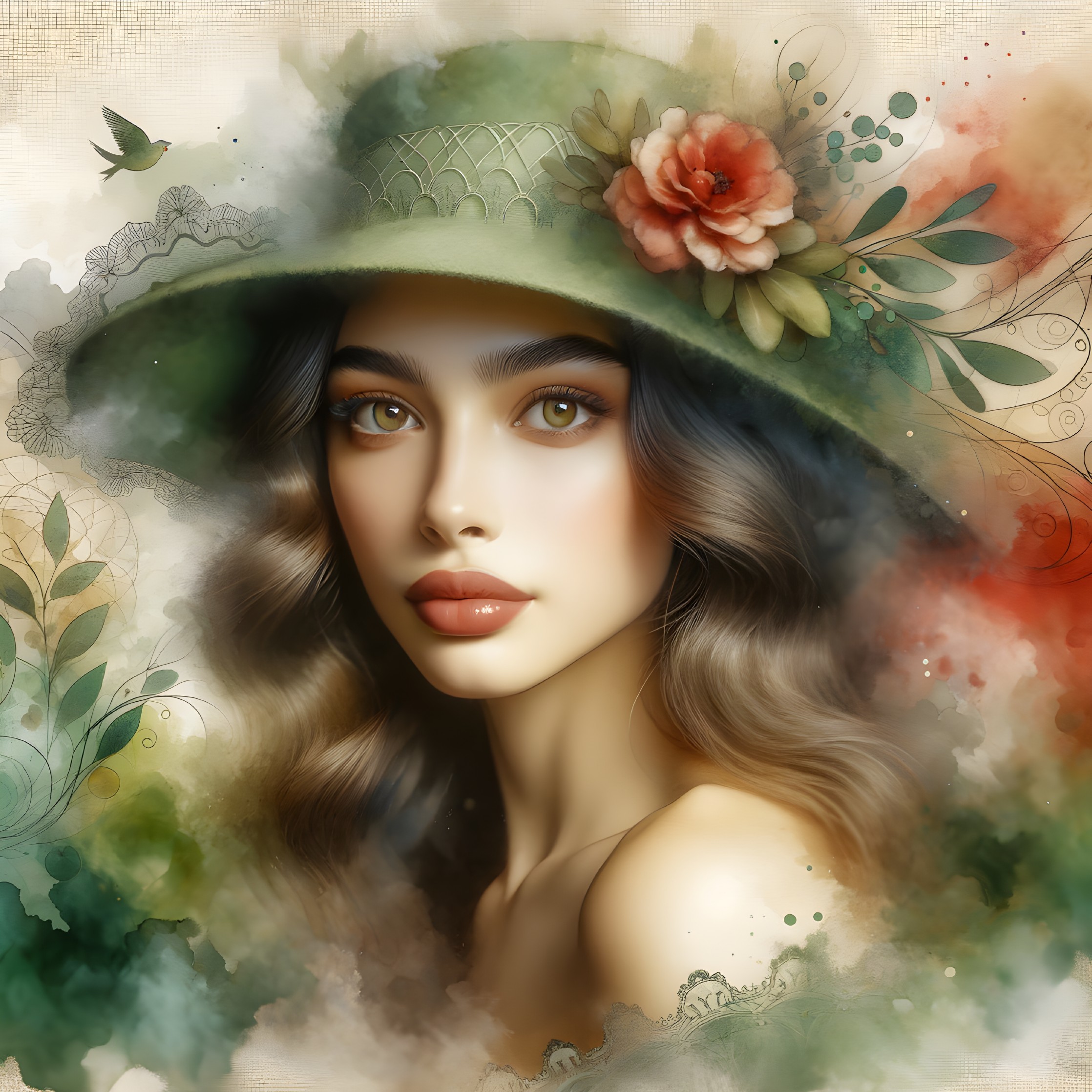 Portrait of a Young Woman in Green Hat with Flowers