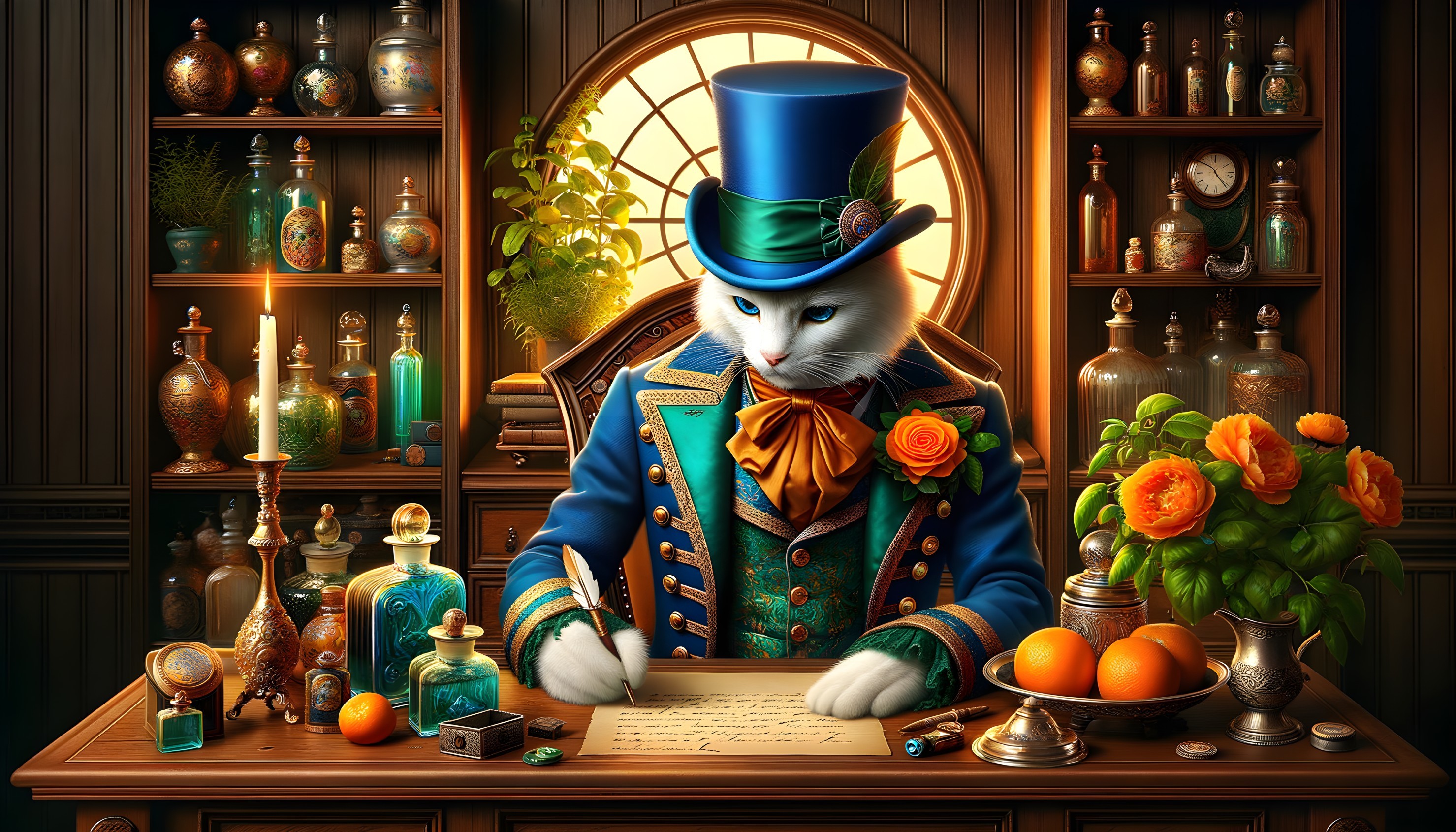 Elegant White Cat in Blue Top Hat at a Desk
