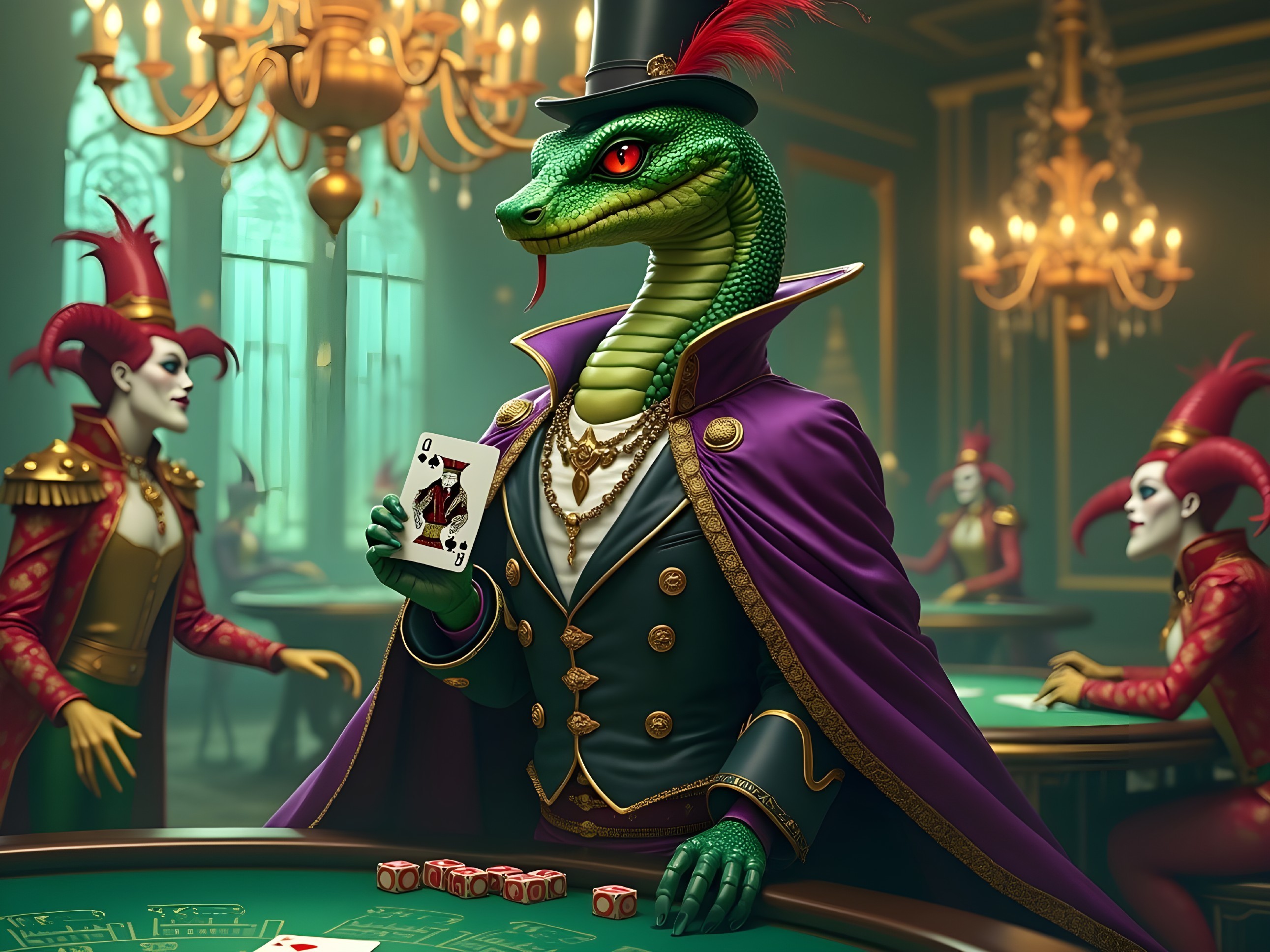 Regal Snake in Lavish Casino Setting with Elegantly Dressed Characters
