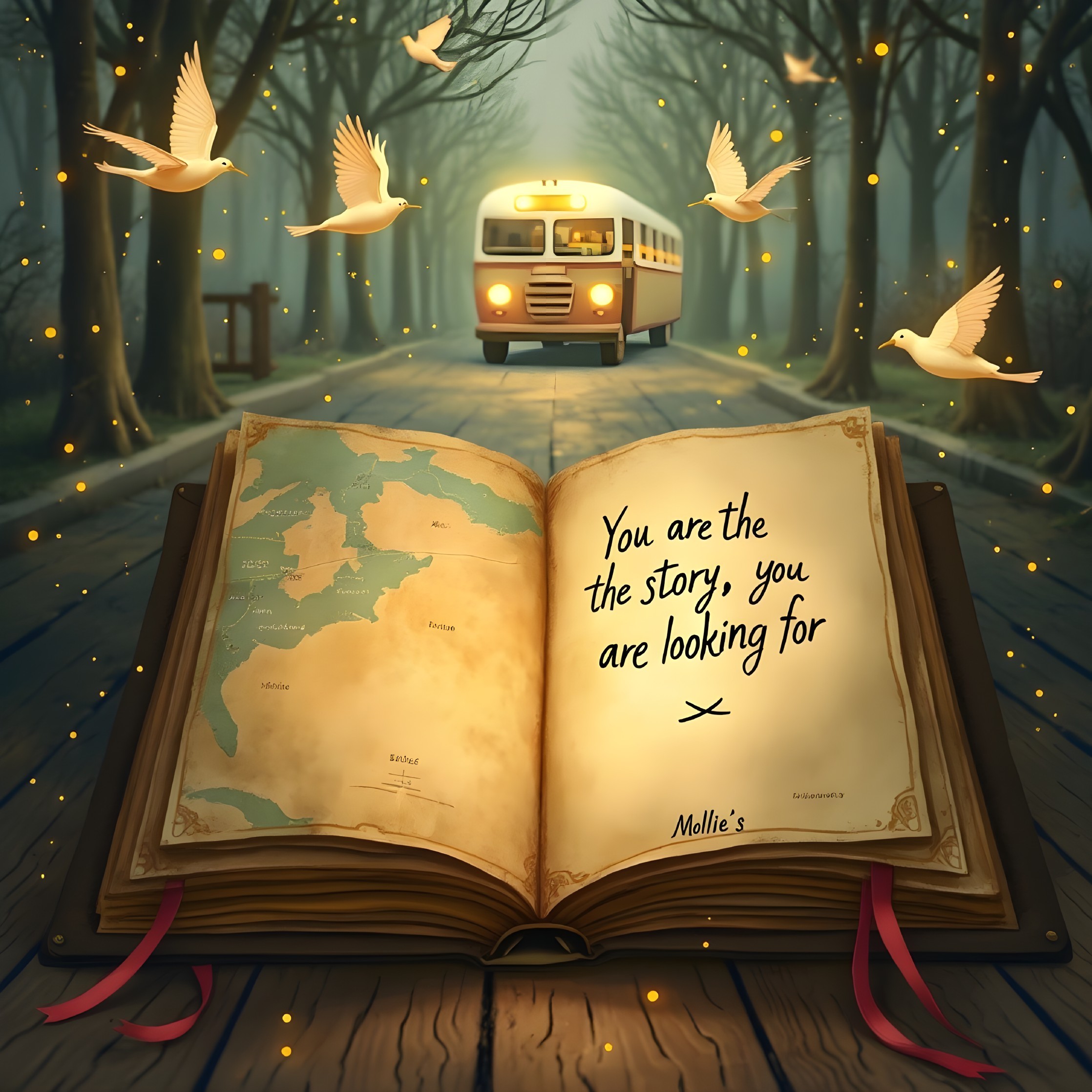 Open Book on Forest Path with Vintage Bus and Birds
