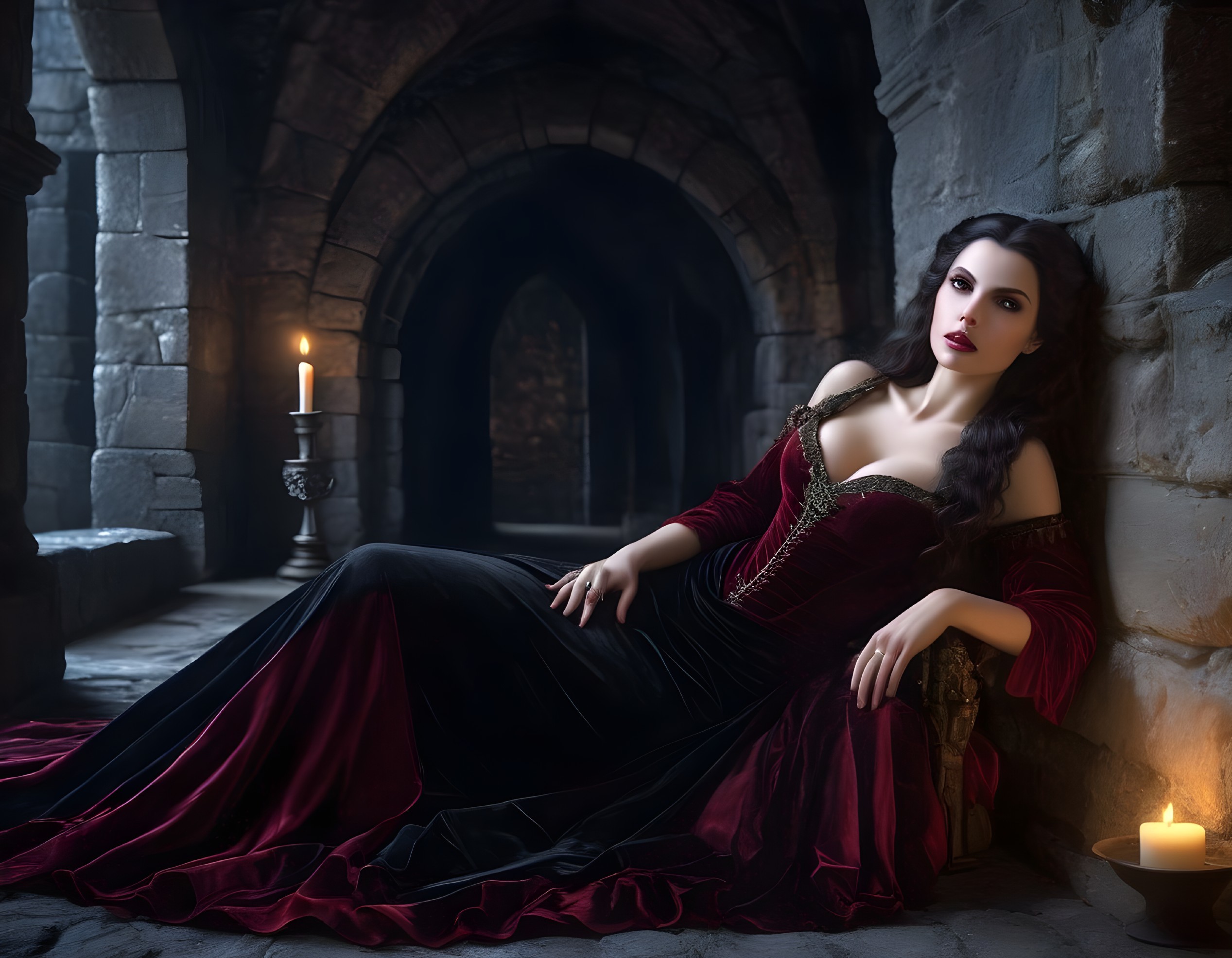 Woman in Red Medieval Gown Rests in Castle Corridor with Candlelight