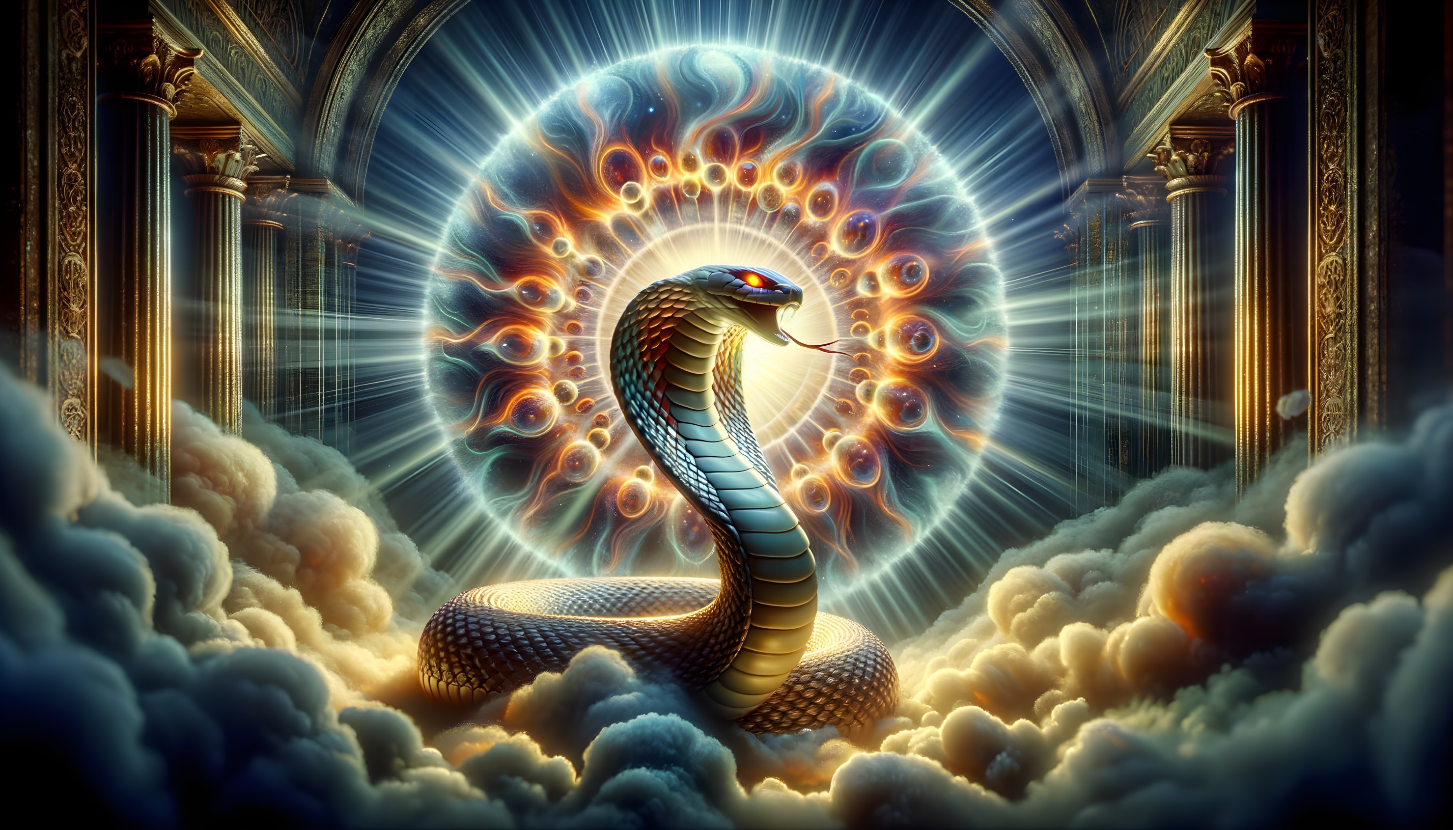 Majestic serpent in ornate hall with radiant mandala