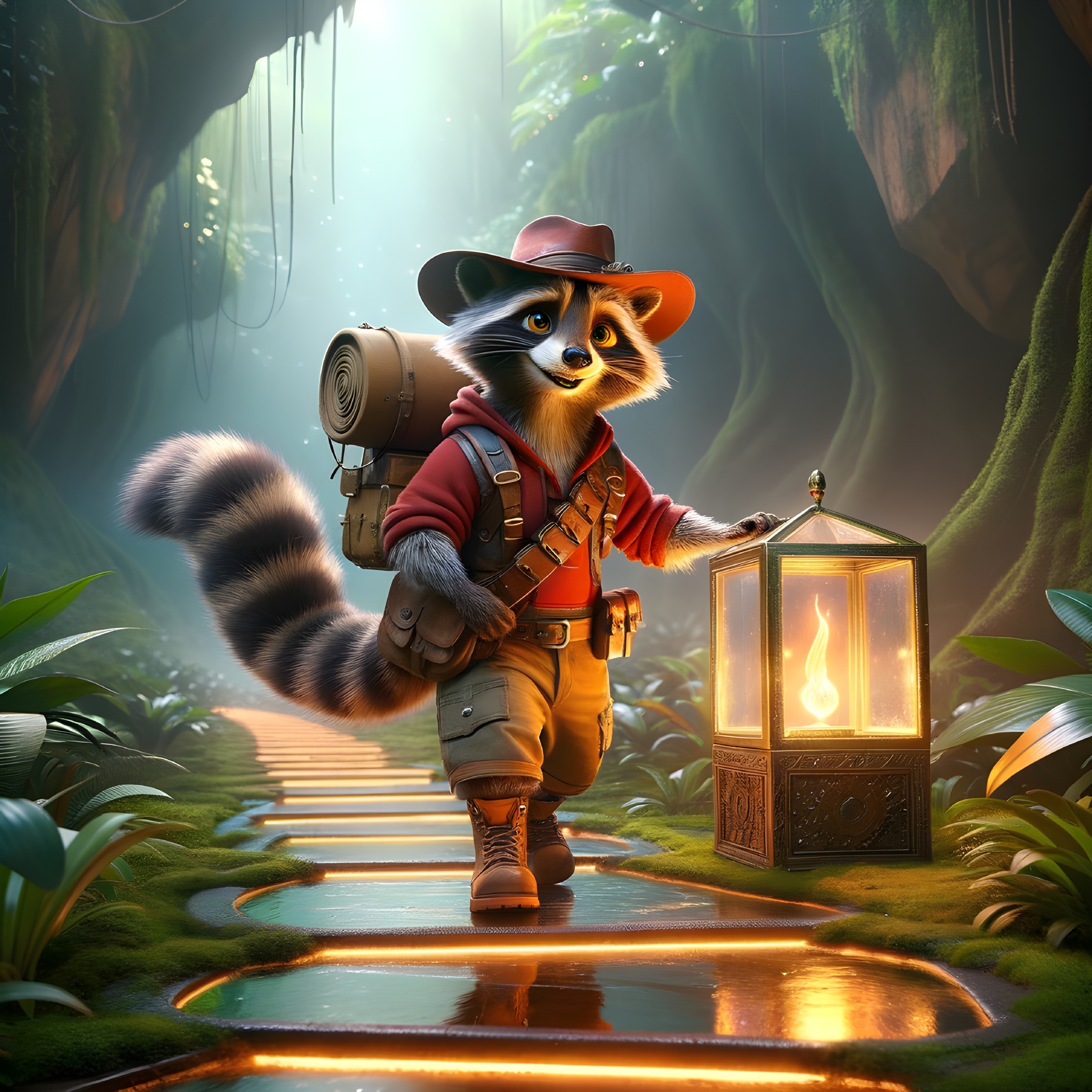 Charming Raccoon in Jungle with Lantern and Gear