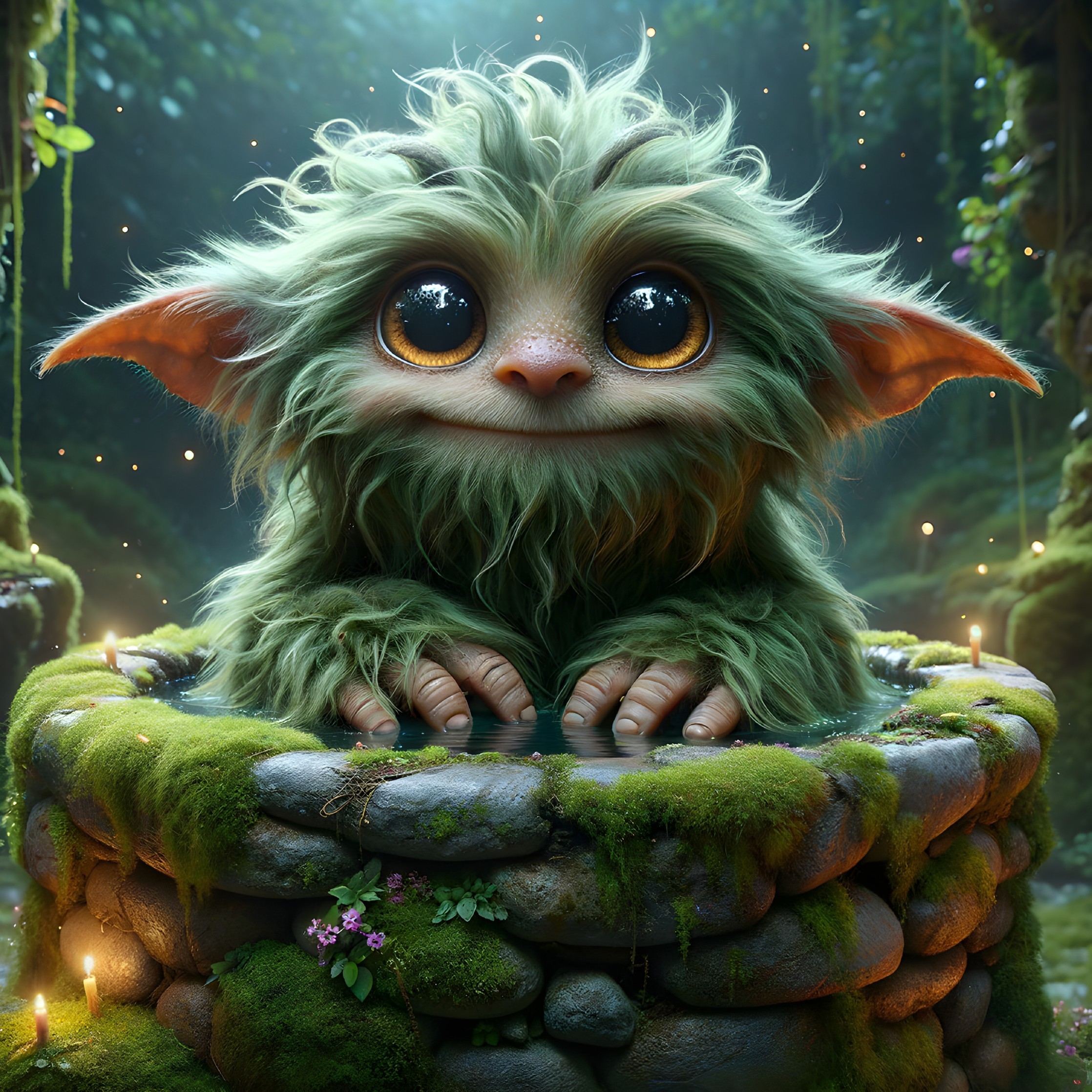Whimsical Creature at a Moss-Covered Stone Well