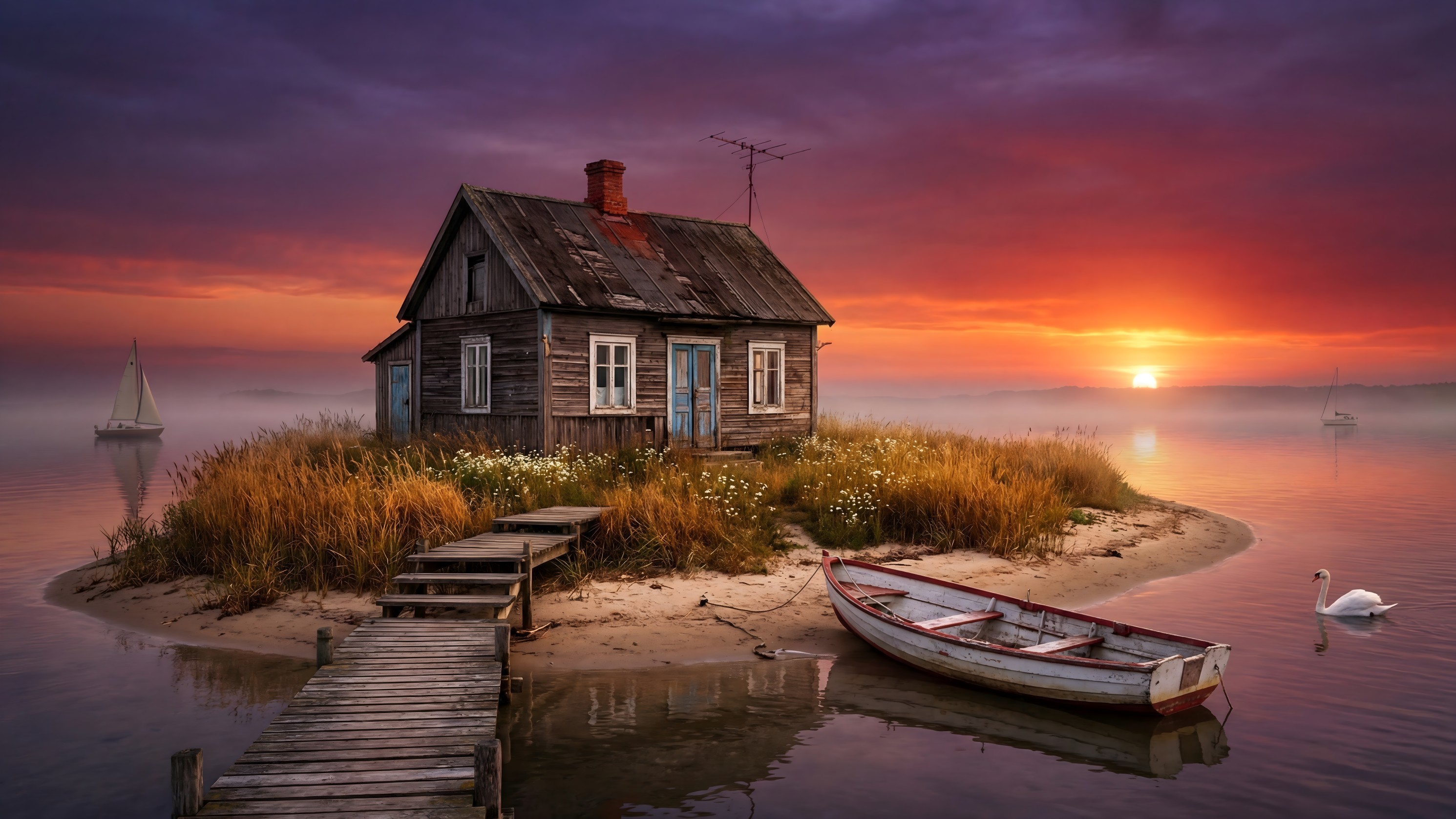 Cinematic Landscape of Rustic House by Calm Lake