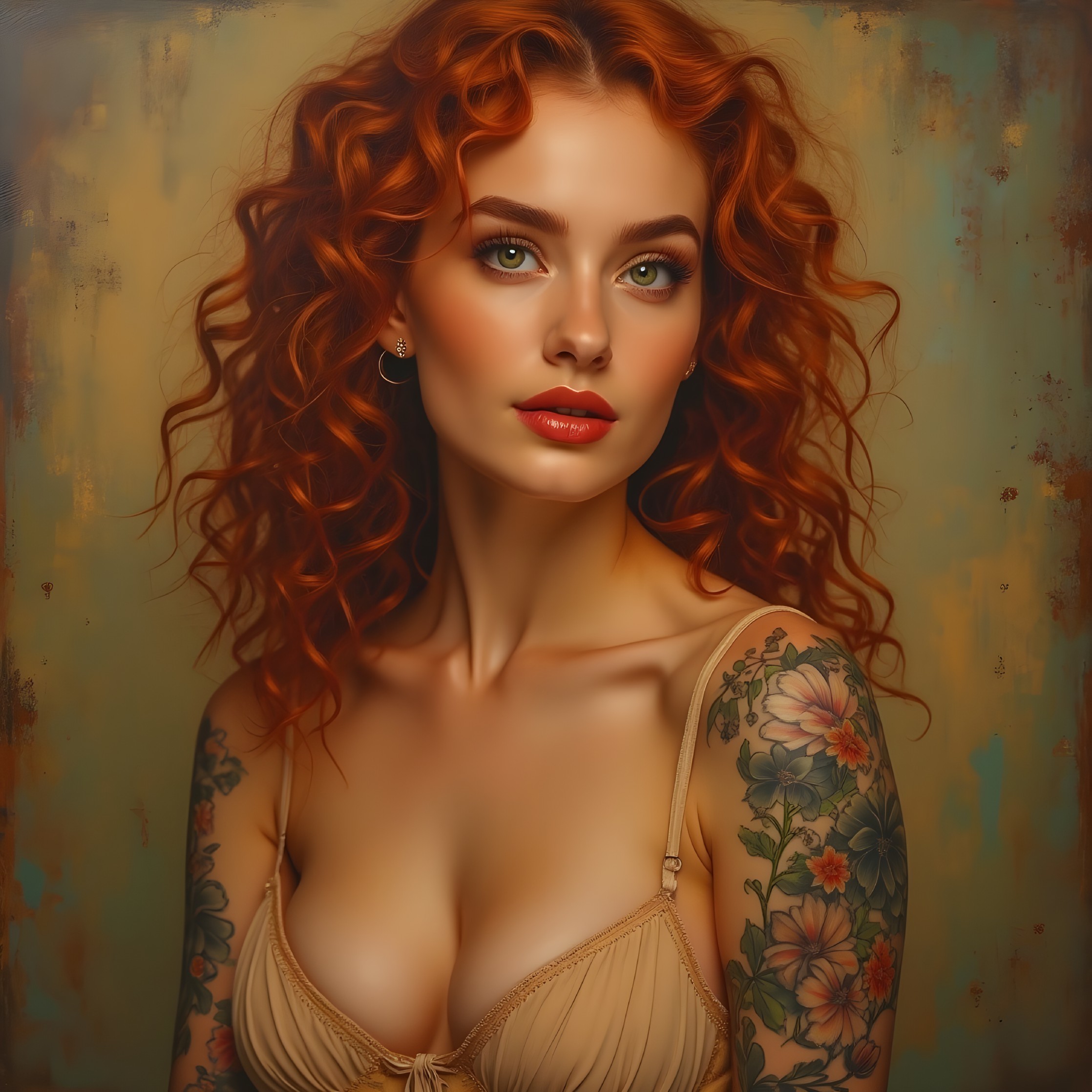 Striking Woman with Curly Red Hair and Floral Tattoos