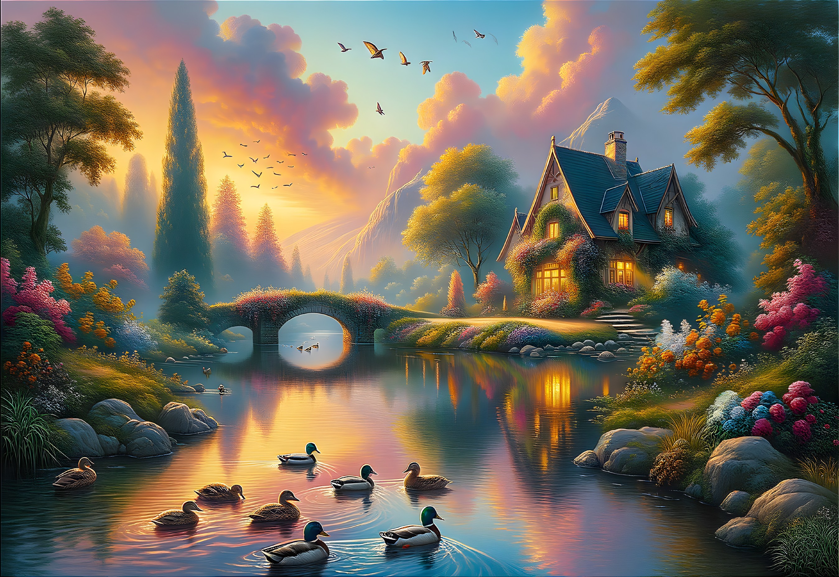 Charming Cottage in Serene Sunset Landscape