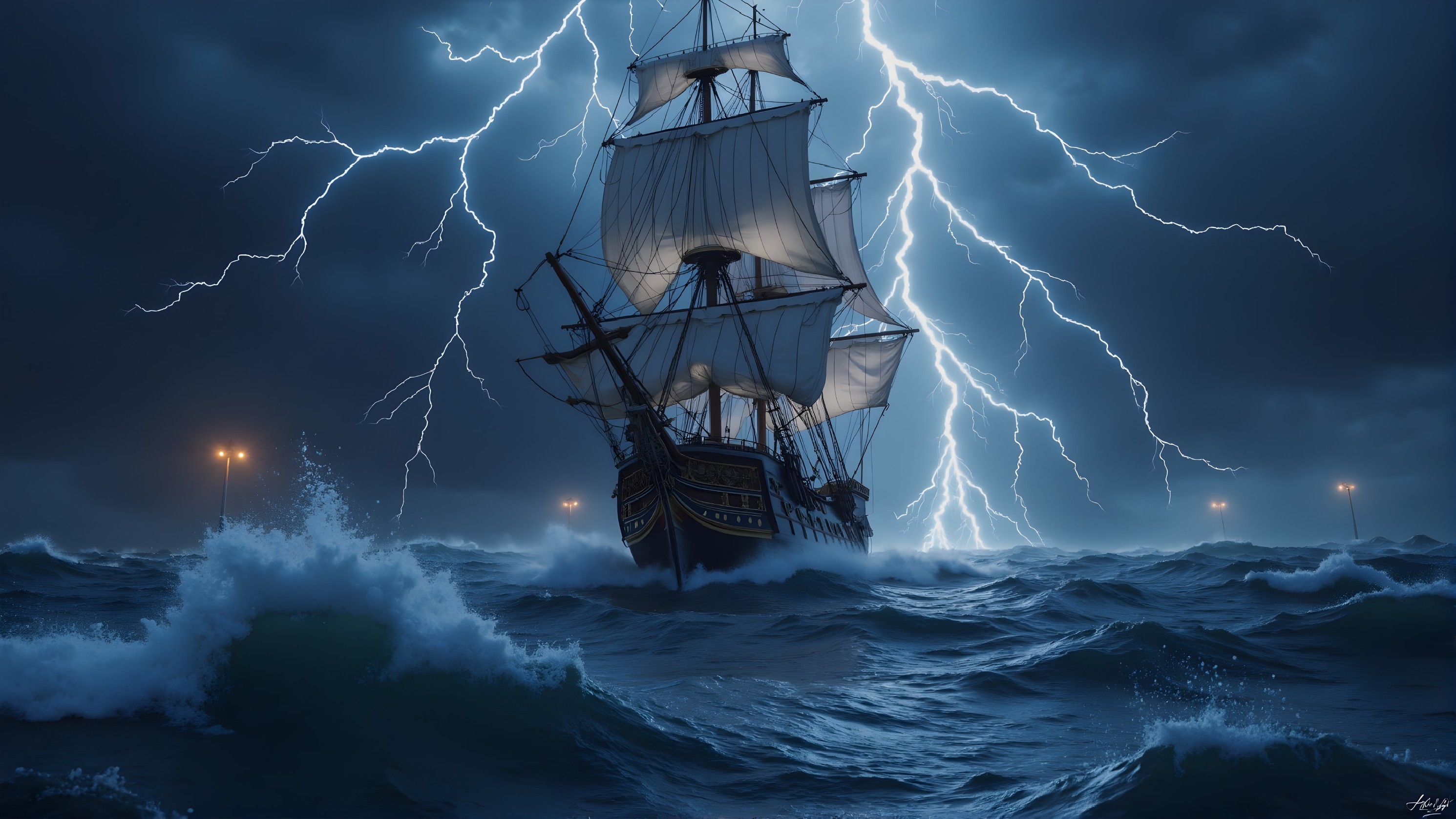 Majestic sailing ship in stormy seas and lightning