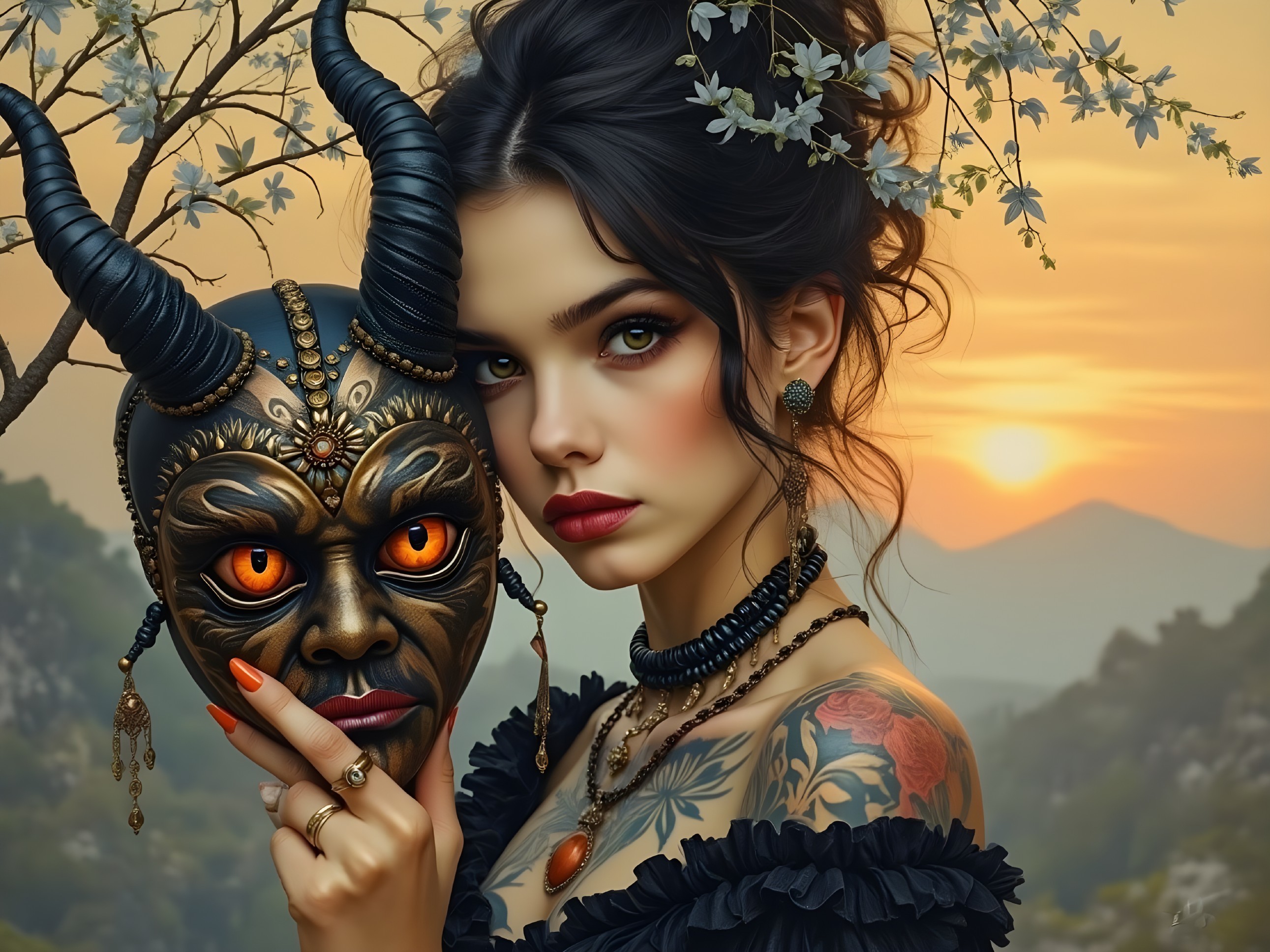 Portrait of a Woman with Mask and Sunset Background