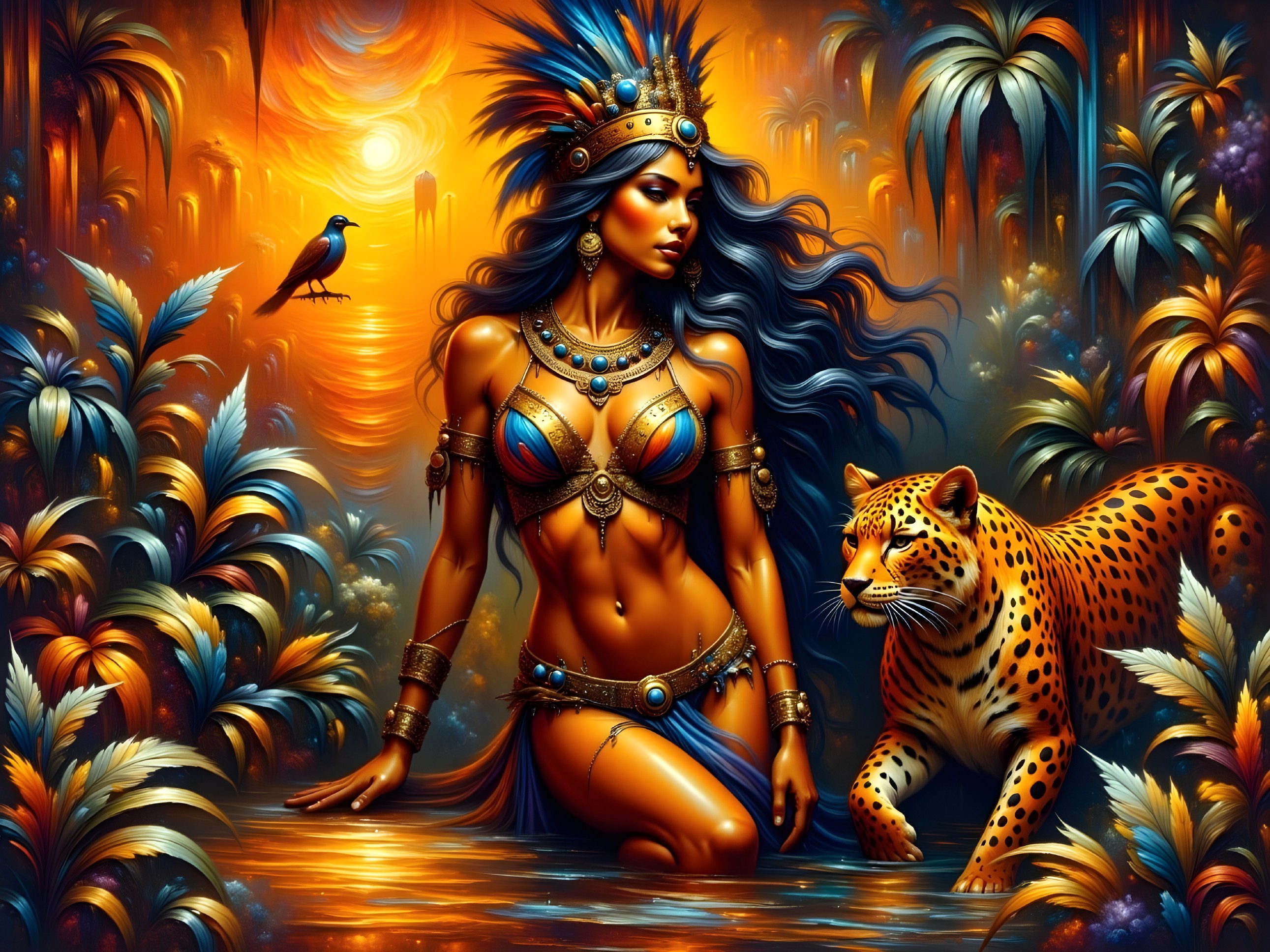 Regal Woman and Leopard in Mystical Jungle at Sunset