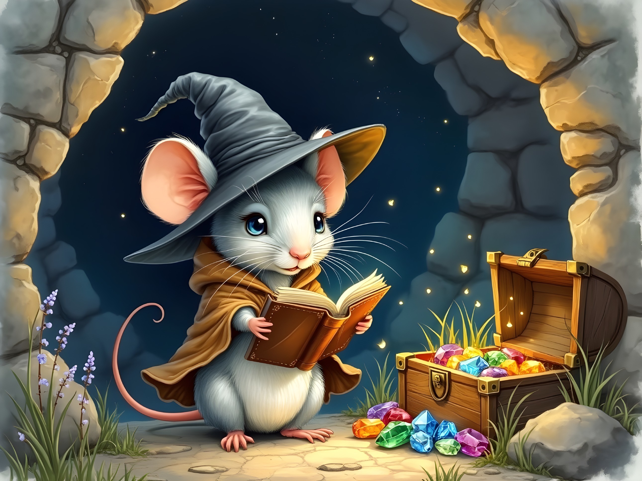 Whimsical Mouse Wizard in Cave with Treasure Chest