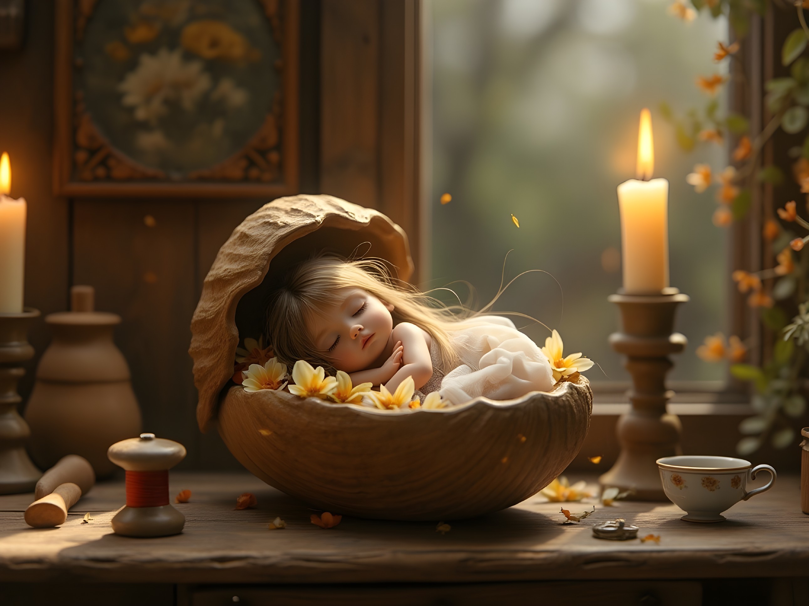 Doll-like girl sleeping in a shell surrounded by flowers