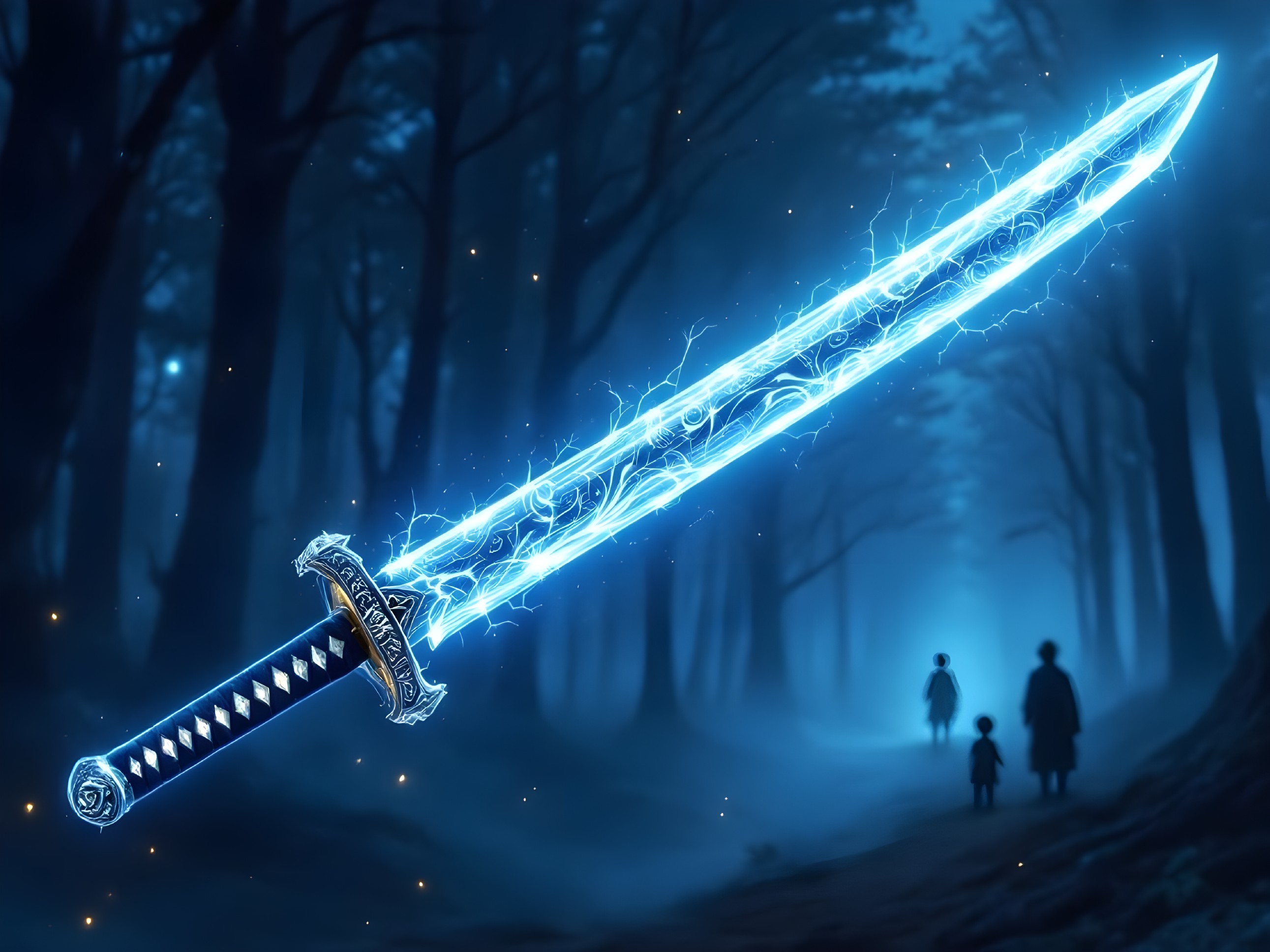 Glowing Sword in a Mystical Dimly Lit Forest
