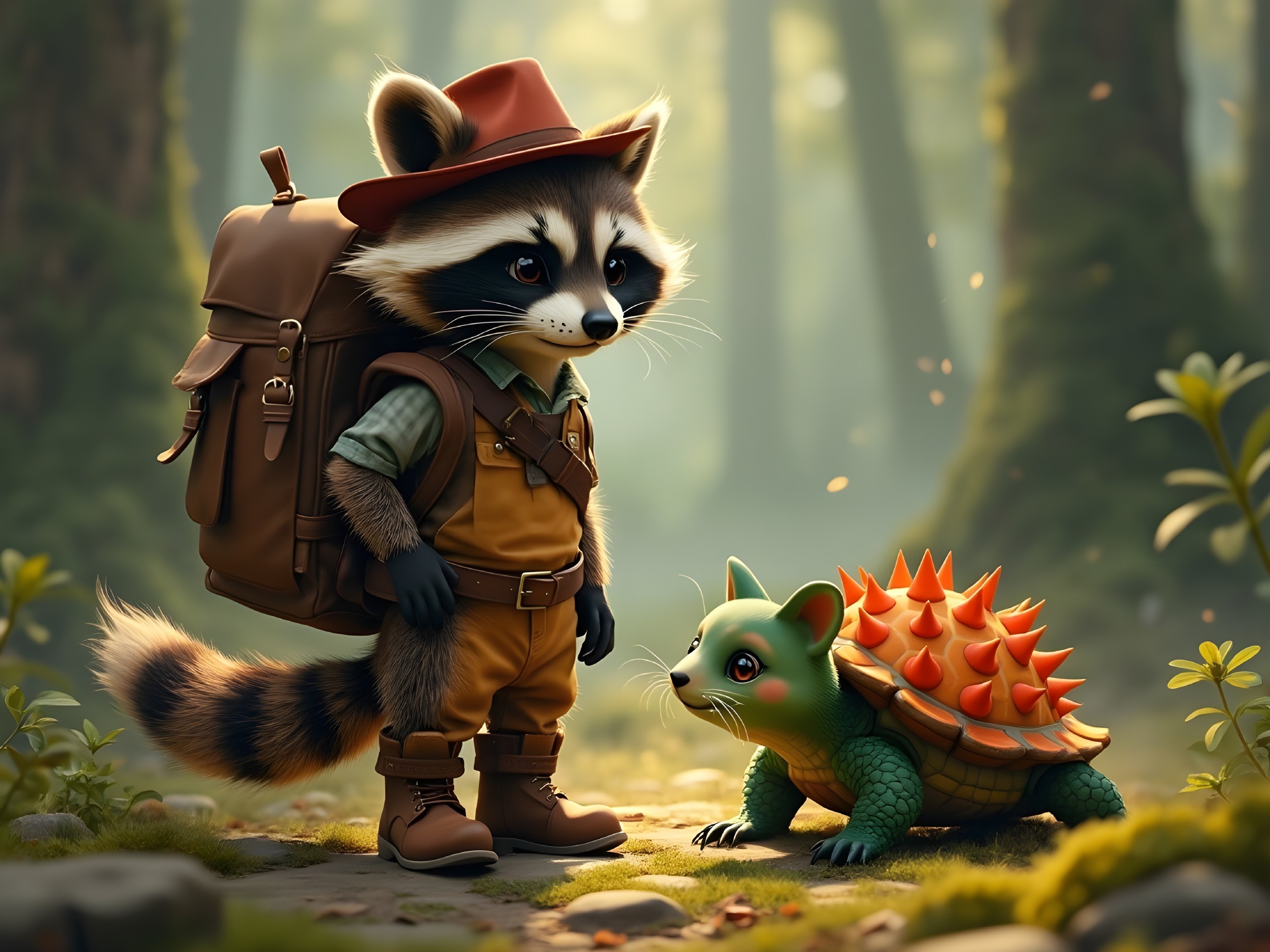 Raccoon in Hiker Outfit with Whimsical Turtle in Forest