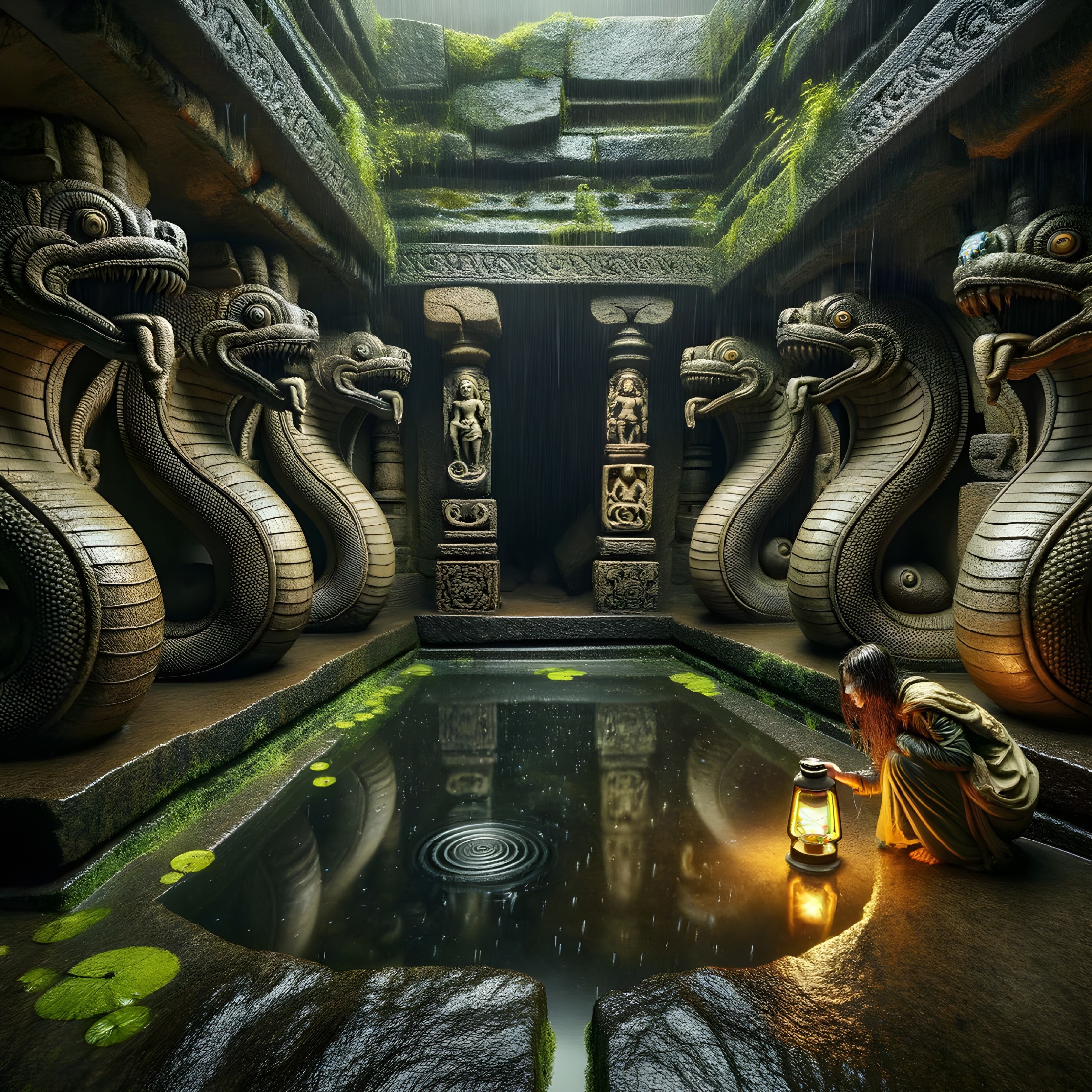 Ancient Temple with Serpent Sculptures and Lantern