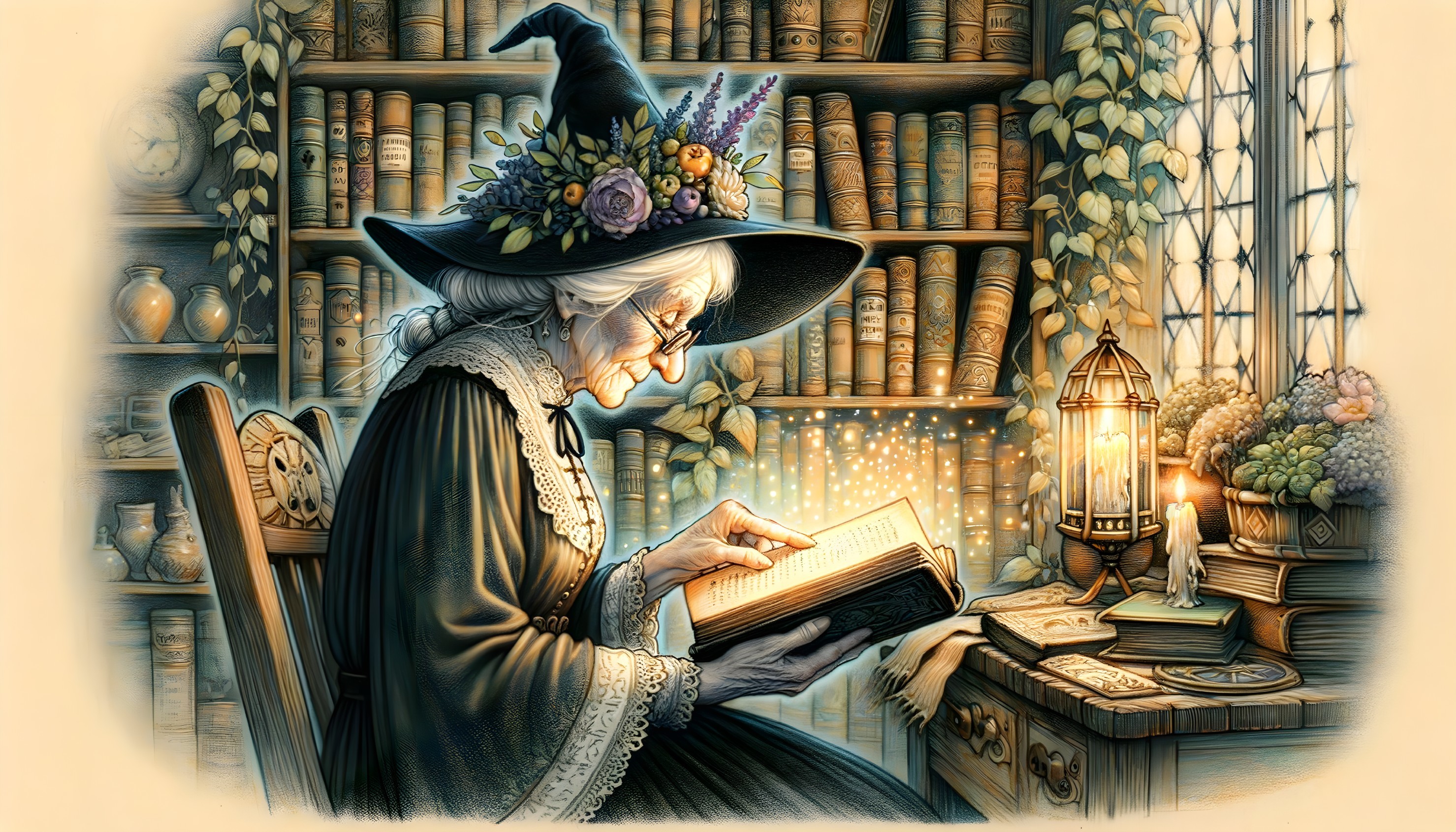 Elderly witch reading in cozy library with bookshelves and lantern