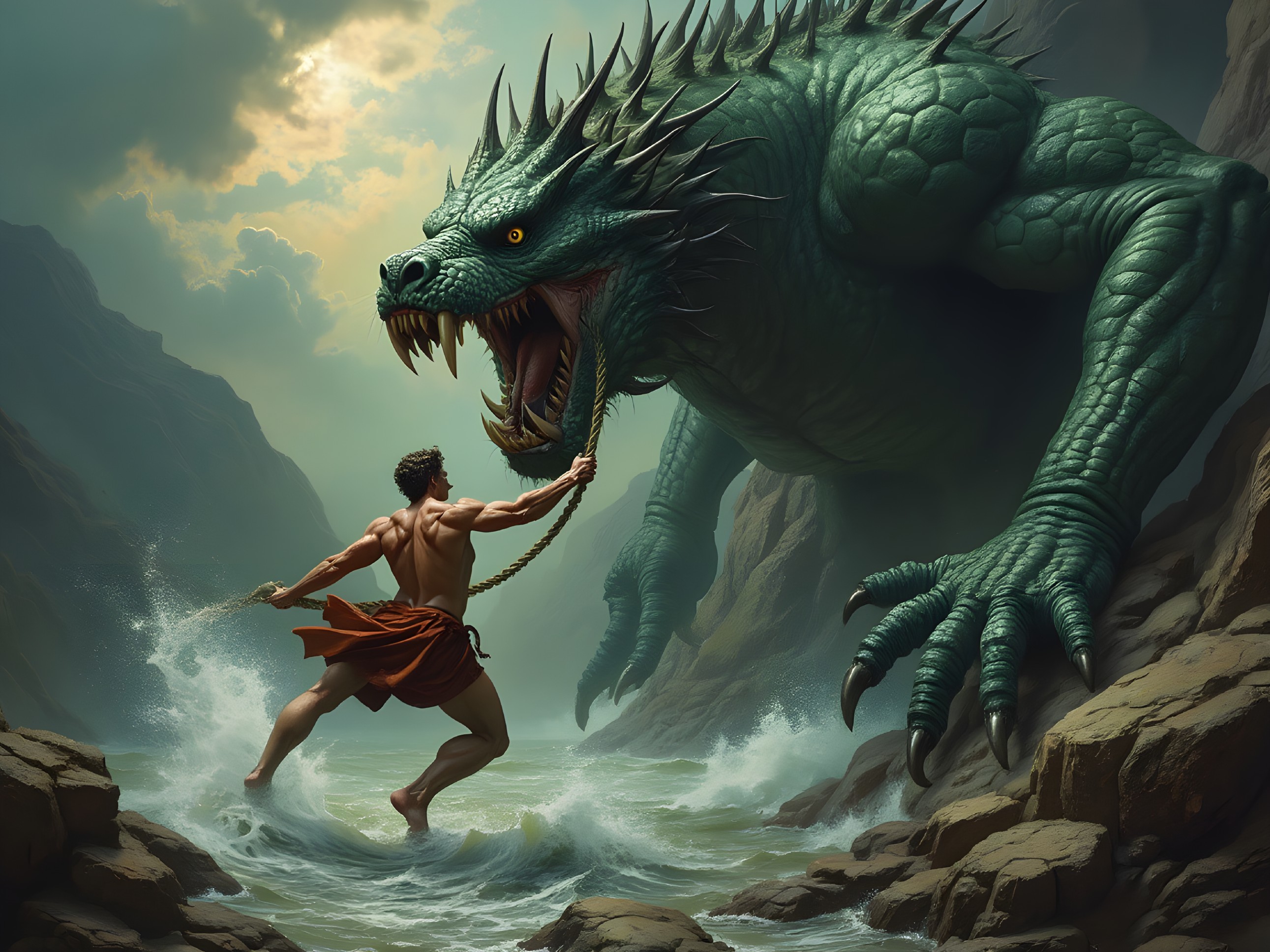 Heroic Figure Confronts Dragon in Dramatic Landscape