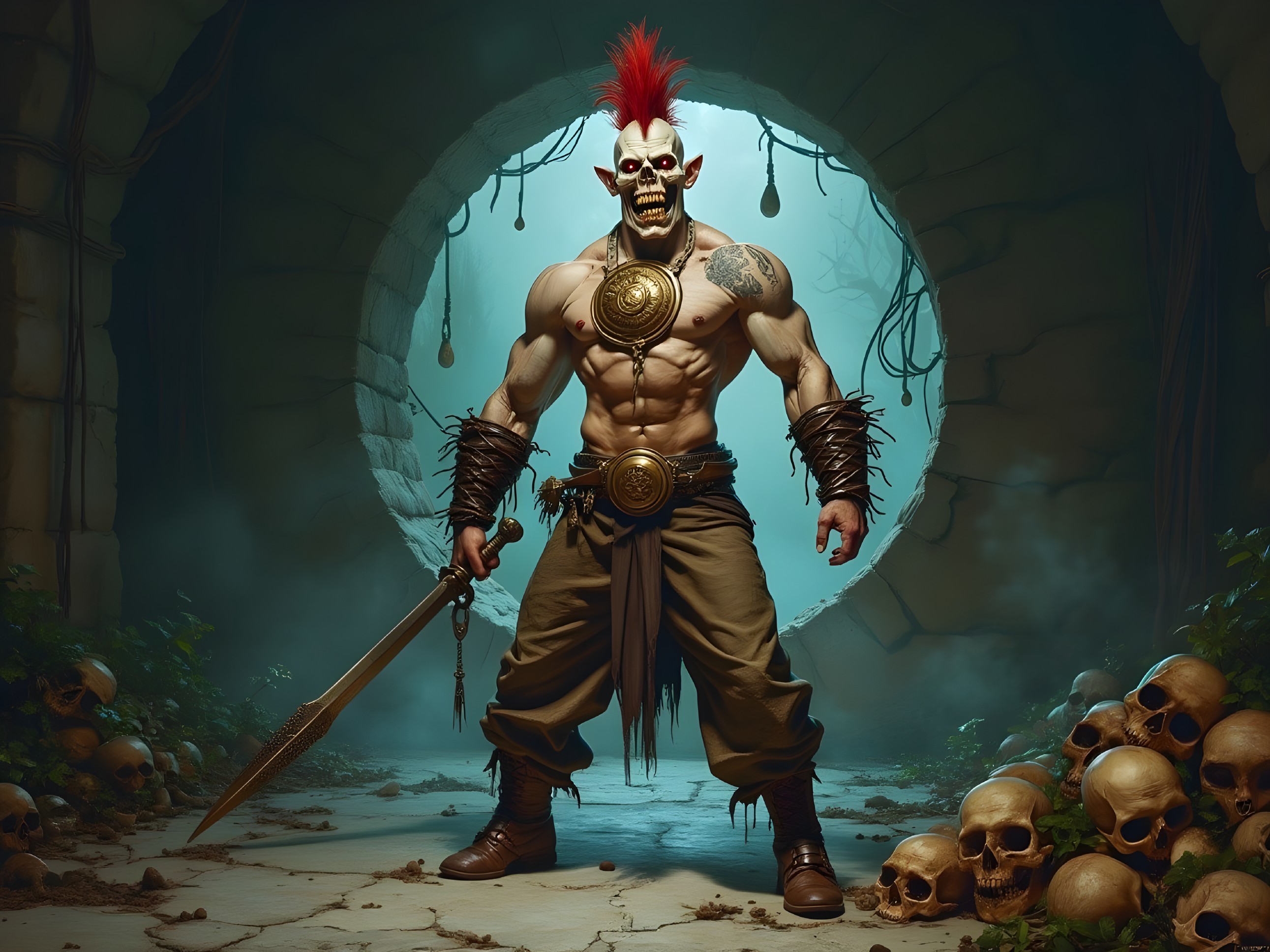 Muscular Warrior in Dark Setting with Skulls and Sword