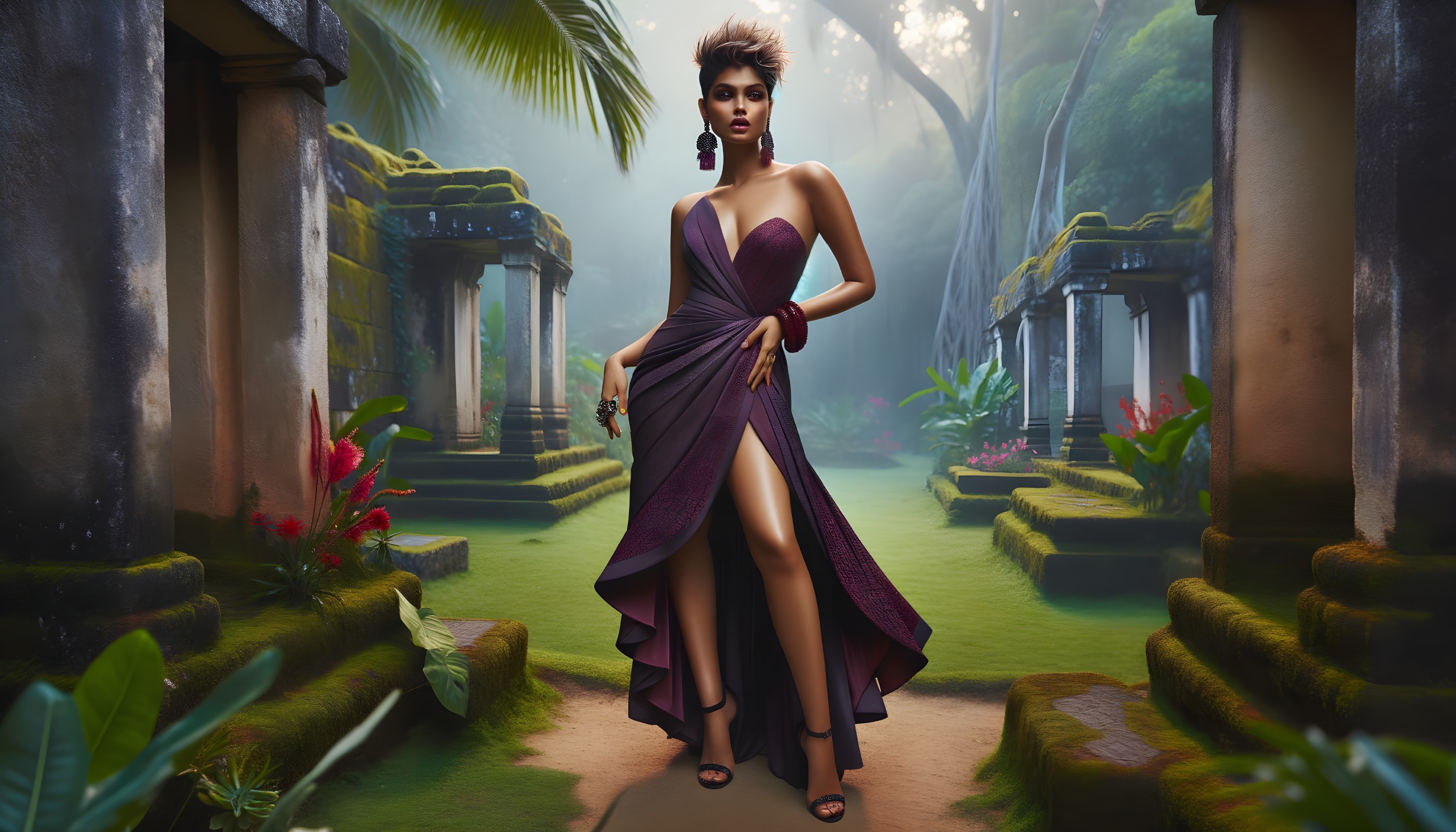 Glamorous Woman in Purple Gown Amidst Overgrown Ruins