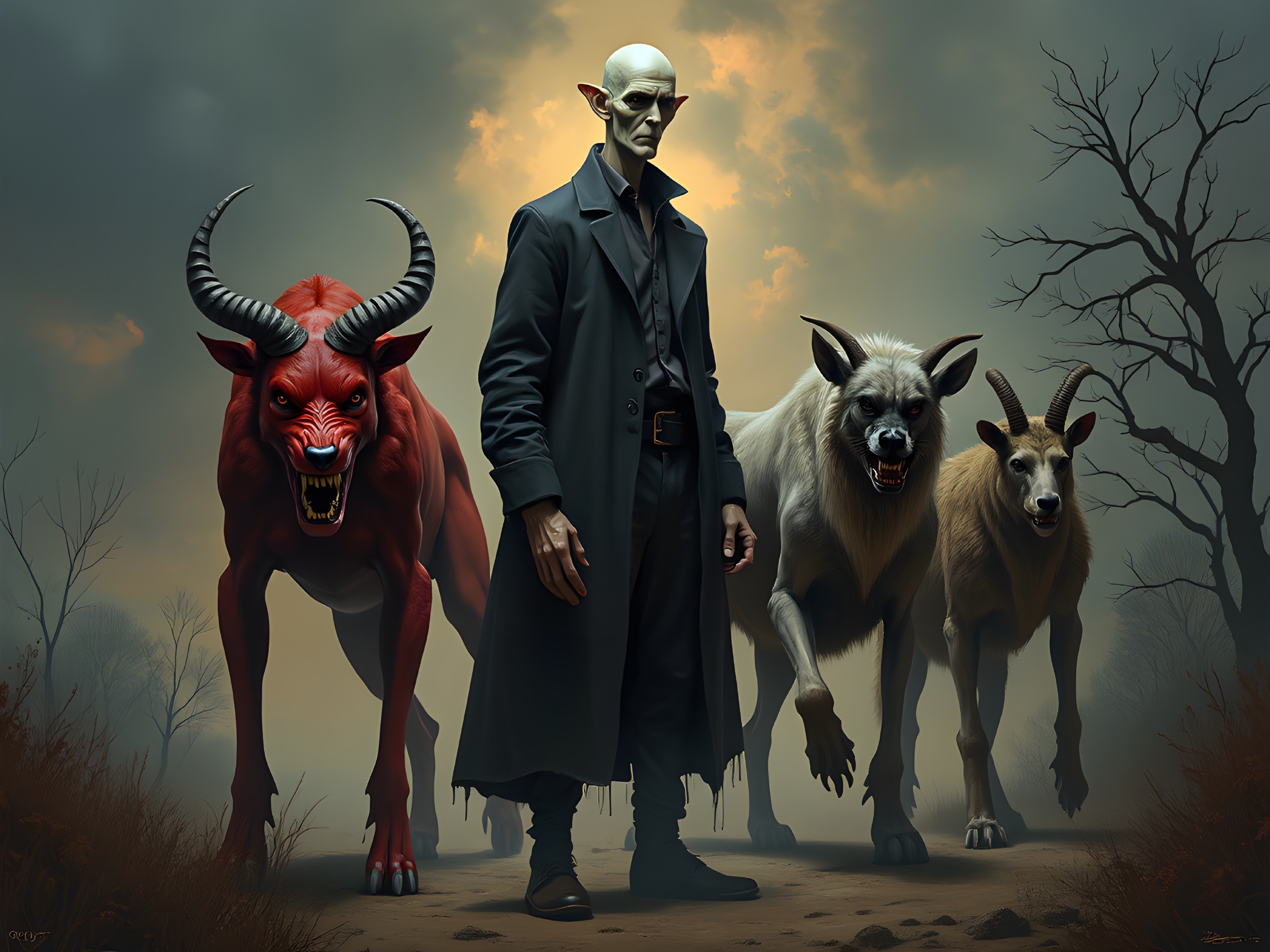 Tall figure and creatures in a dark supernatural setting