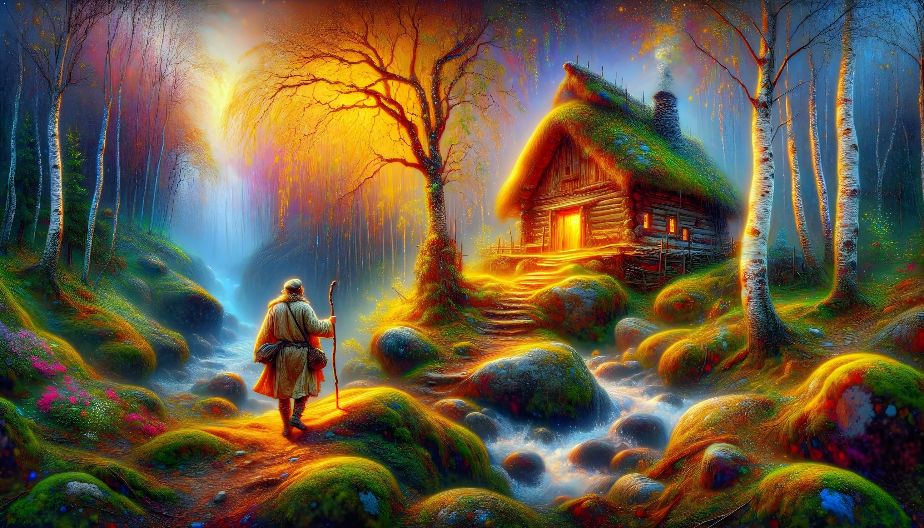 Enchanted Forest with Quaint Thatched-Roof Cottage