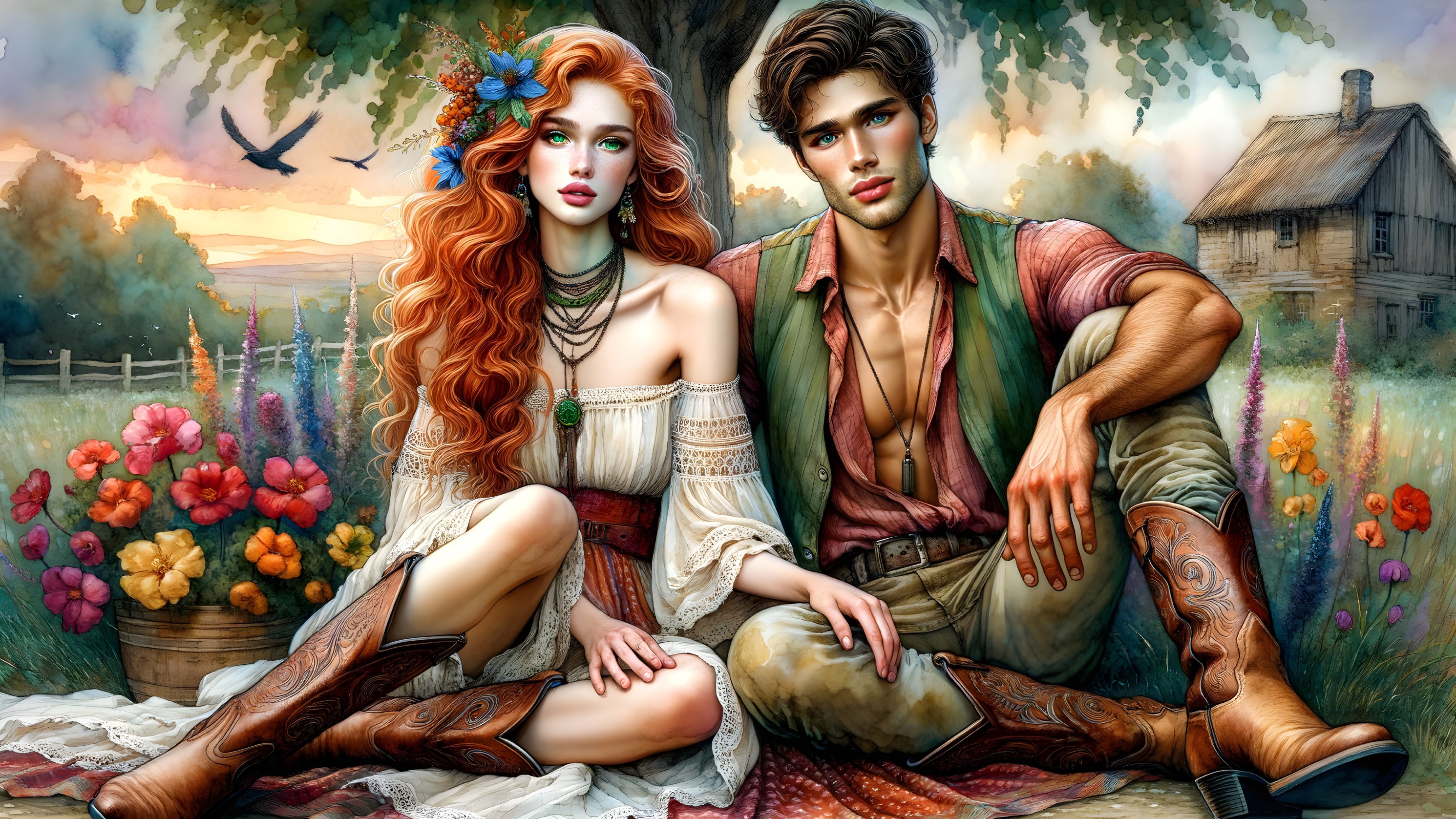 Couple in a Flower Field with Rustic Cottage Background