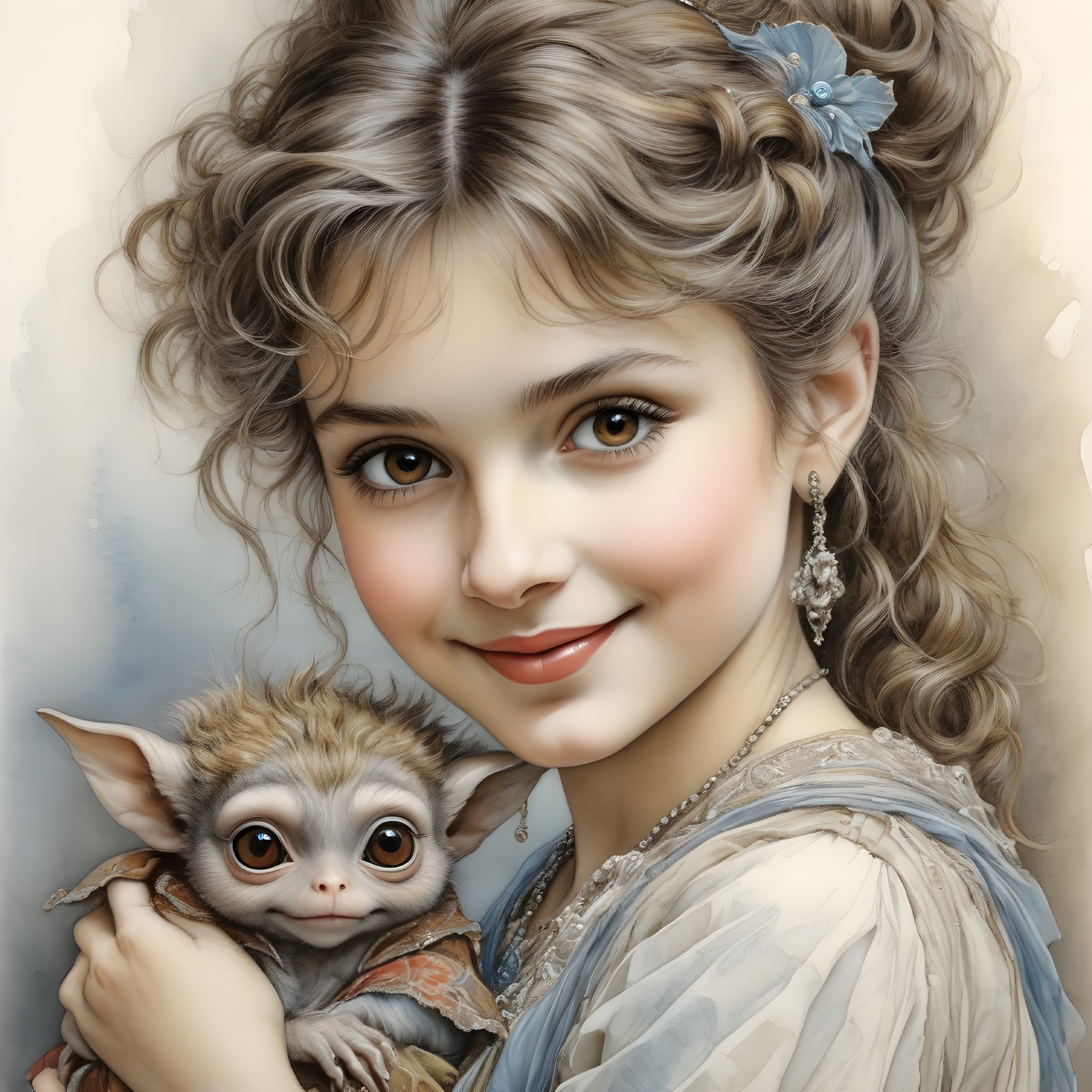 Young girl with curly hair and whimsical creature