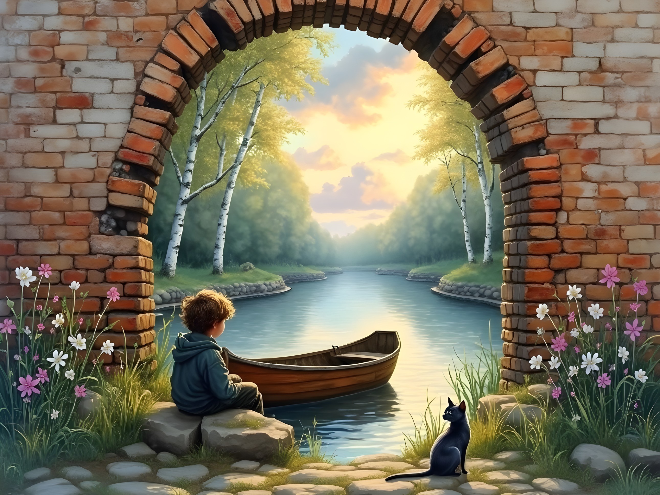 Serene River Scene with Bridge, Boy, and Cat