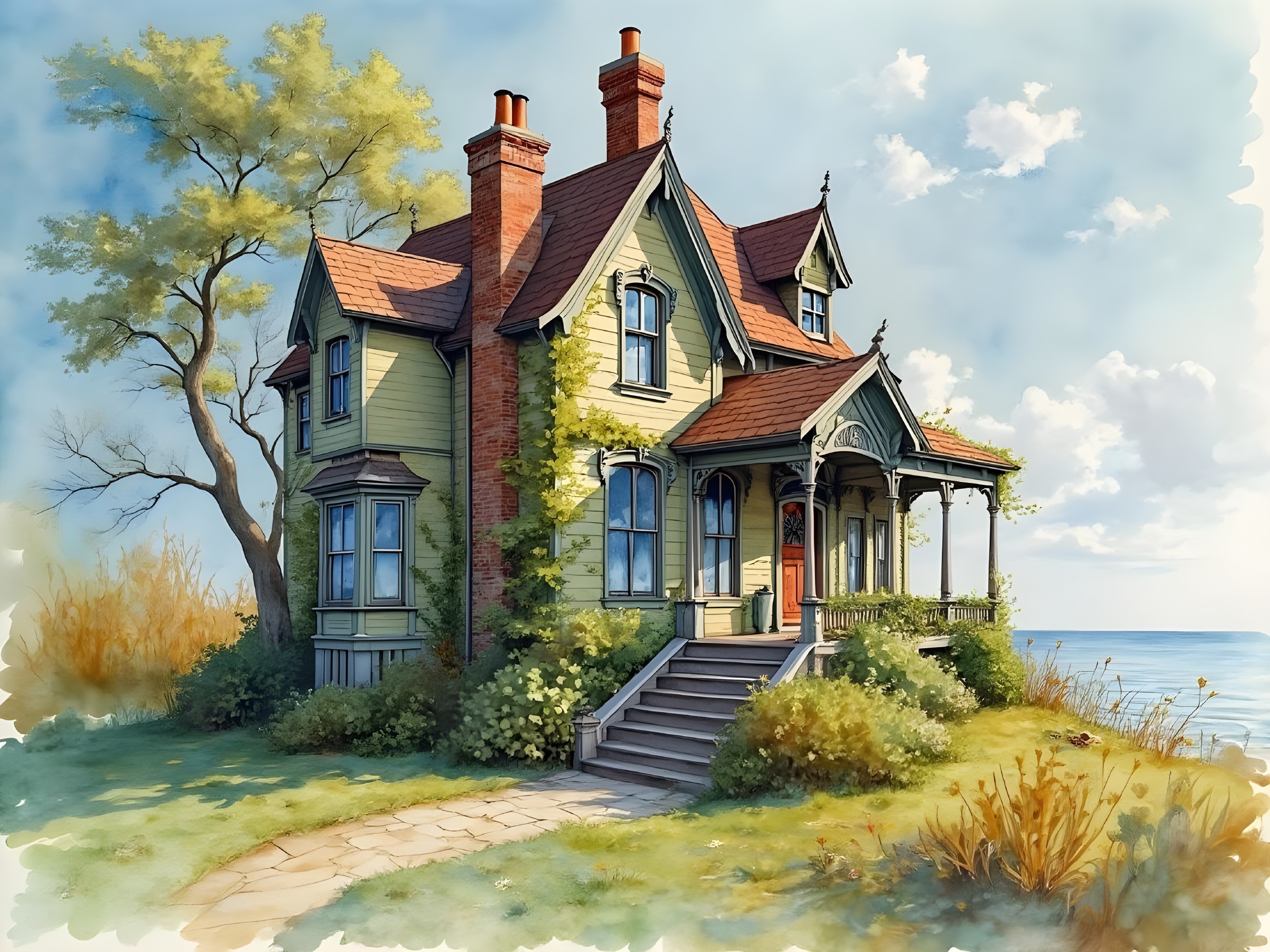 Victorian House by Water with Lush Foliage and Sunlight