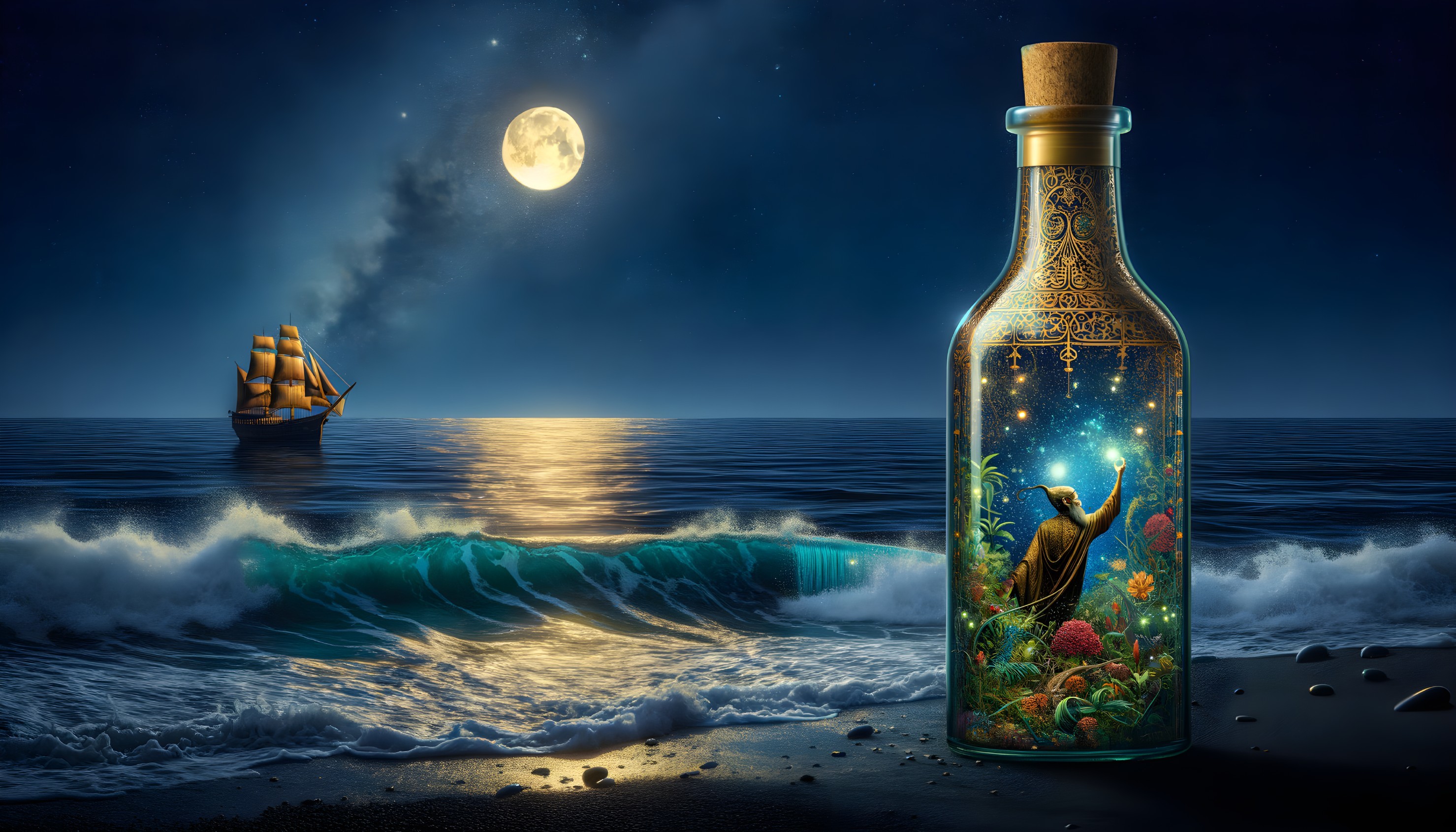 Fantastical star-filled bottle scene by moonlit seashore.