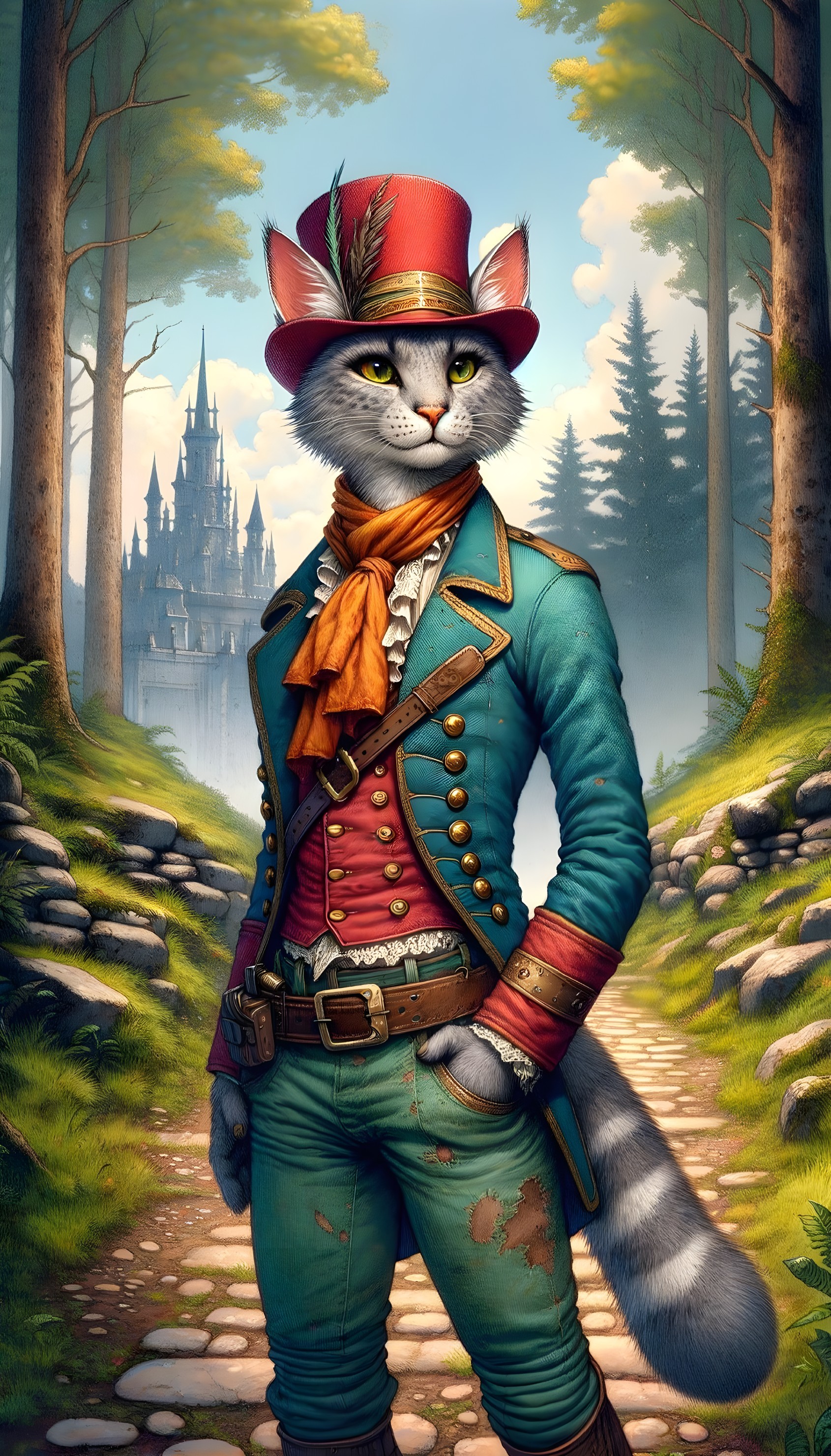 Anthropomorphic cat in vibrant outfit on forest path