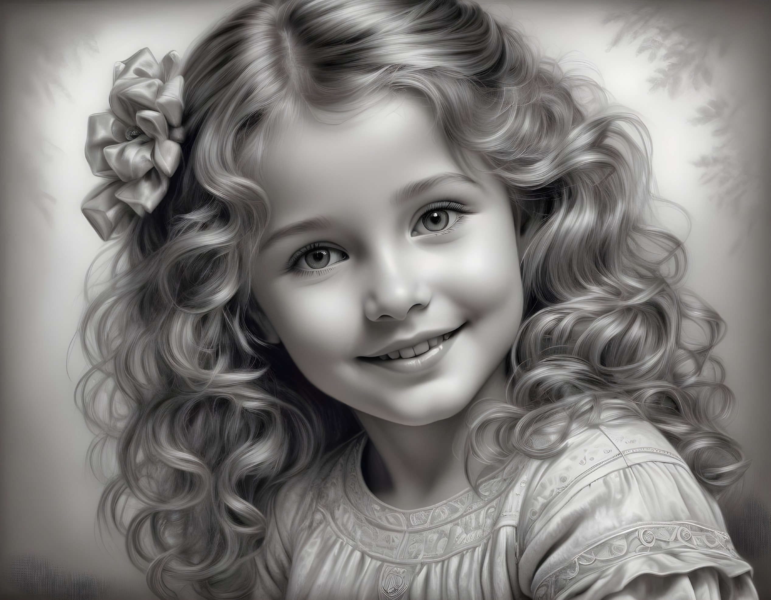 Black-and-white portrait of a young girl with bow