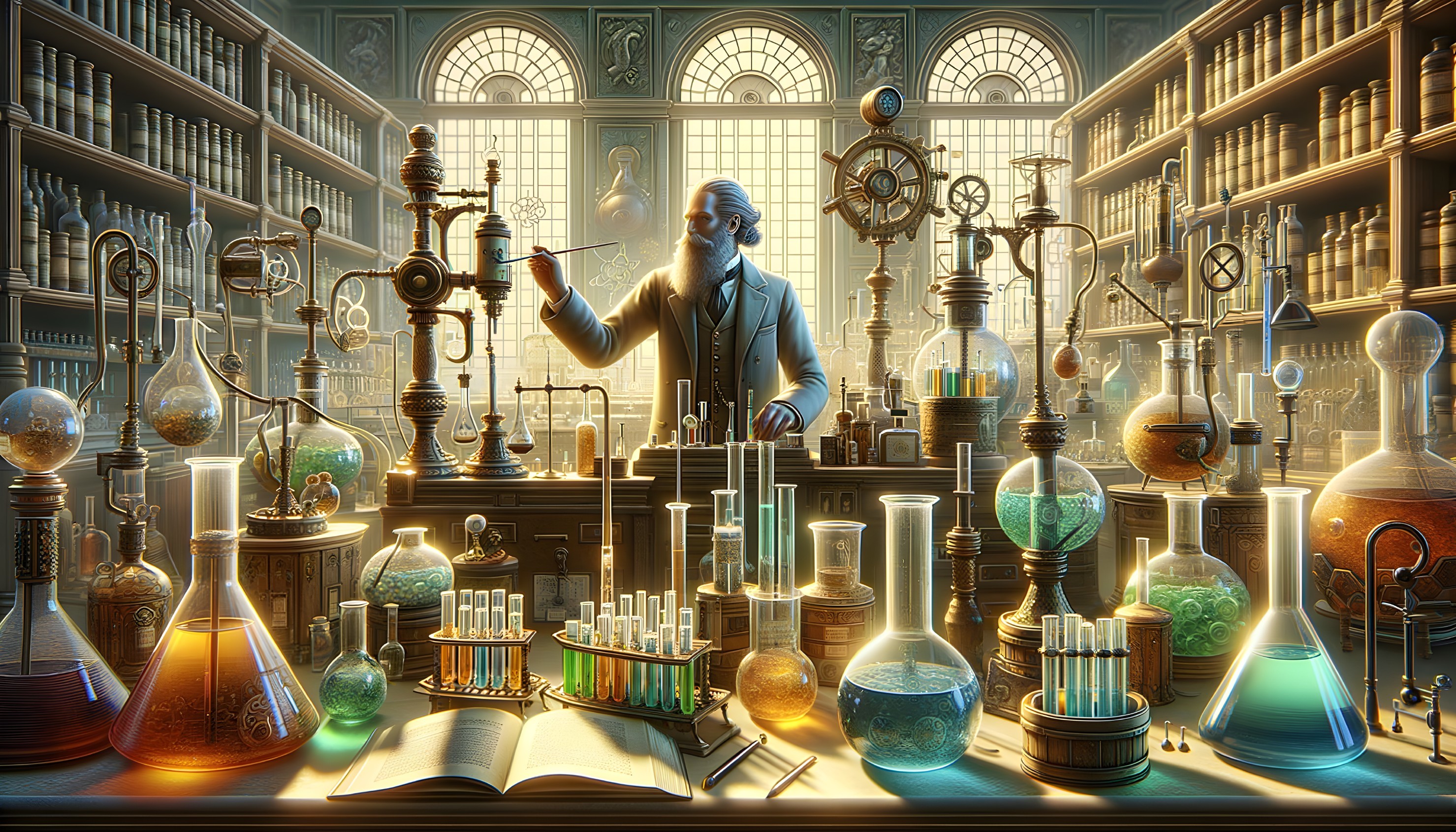 Colorful Scientist Surrounded by Flasks in Library Laboratory