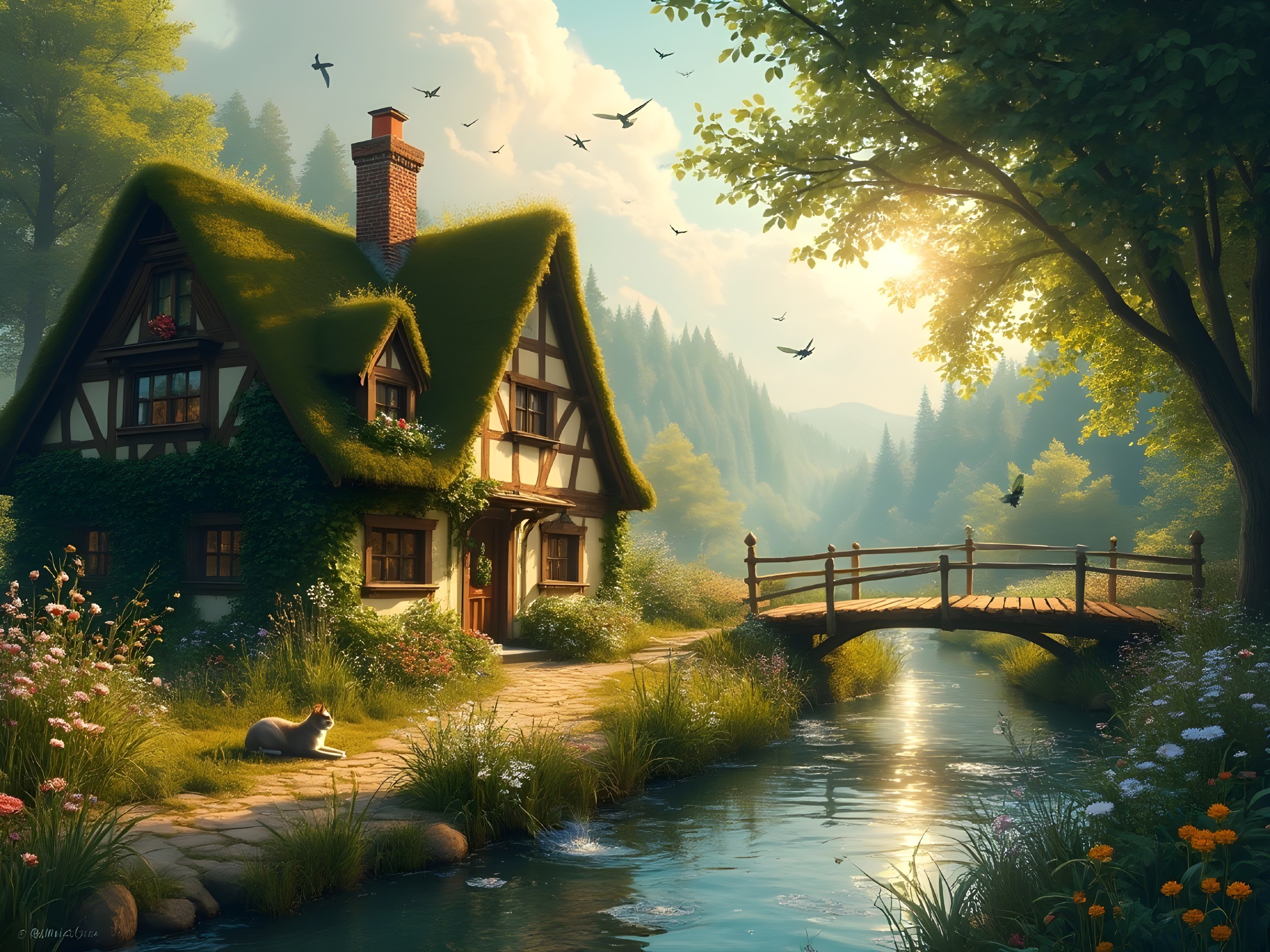Charming Cottage by Stream in Lush Greenery