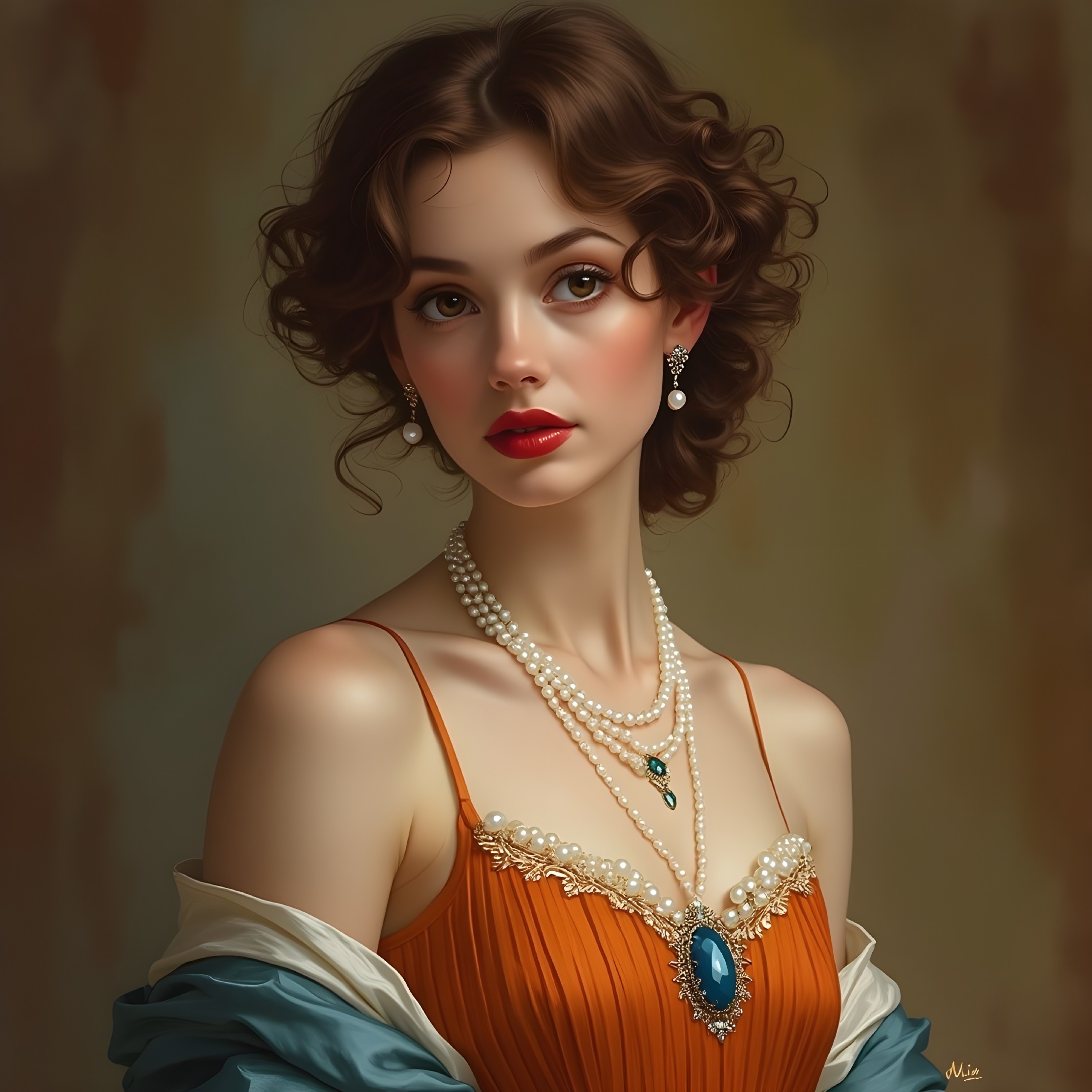Elegant Young Woman in Orange Gown with Pearls