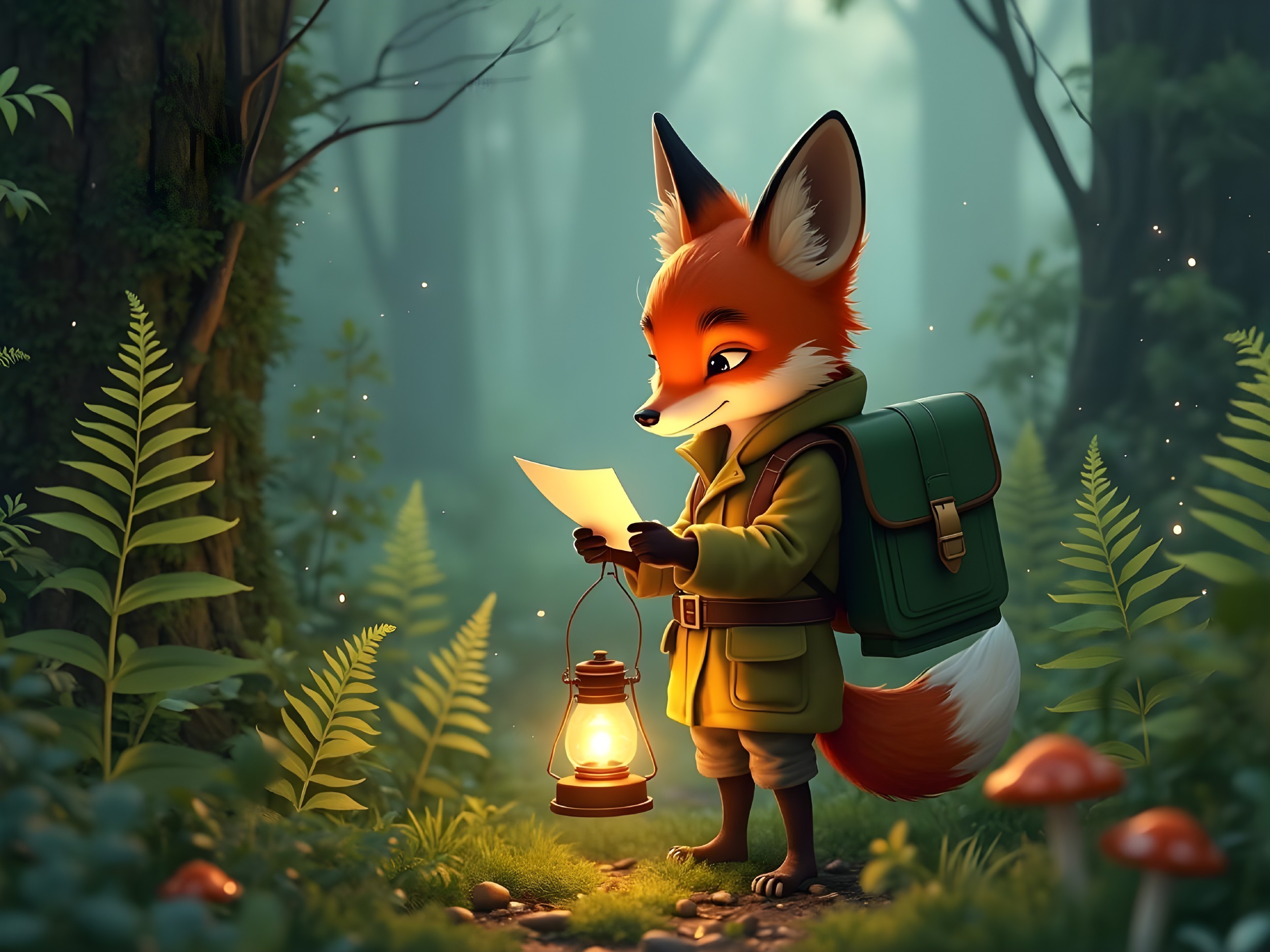Cheerful fox reading a letter in a whimsical forest
