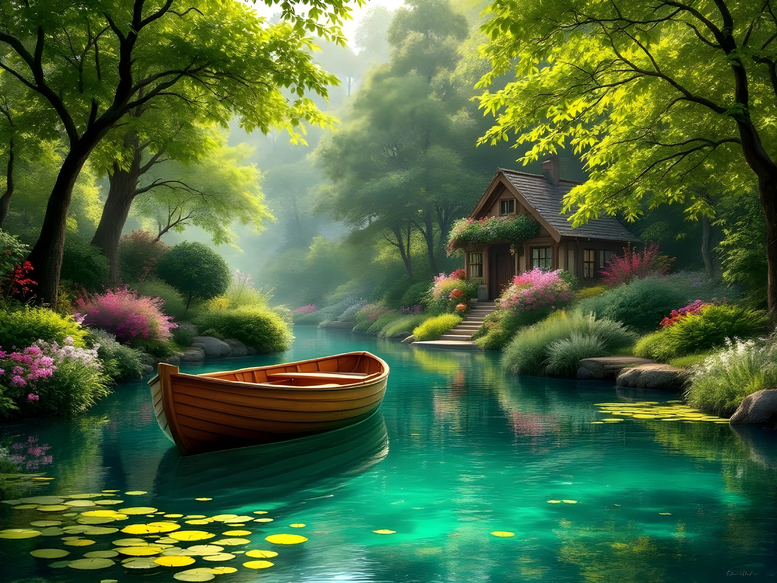 Tranquil Forest Scene with Boat and Cottage
