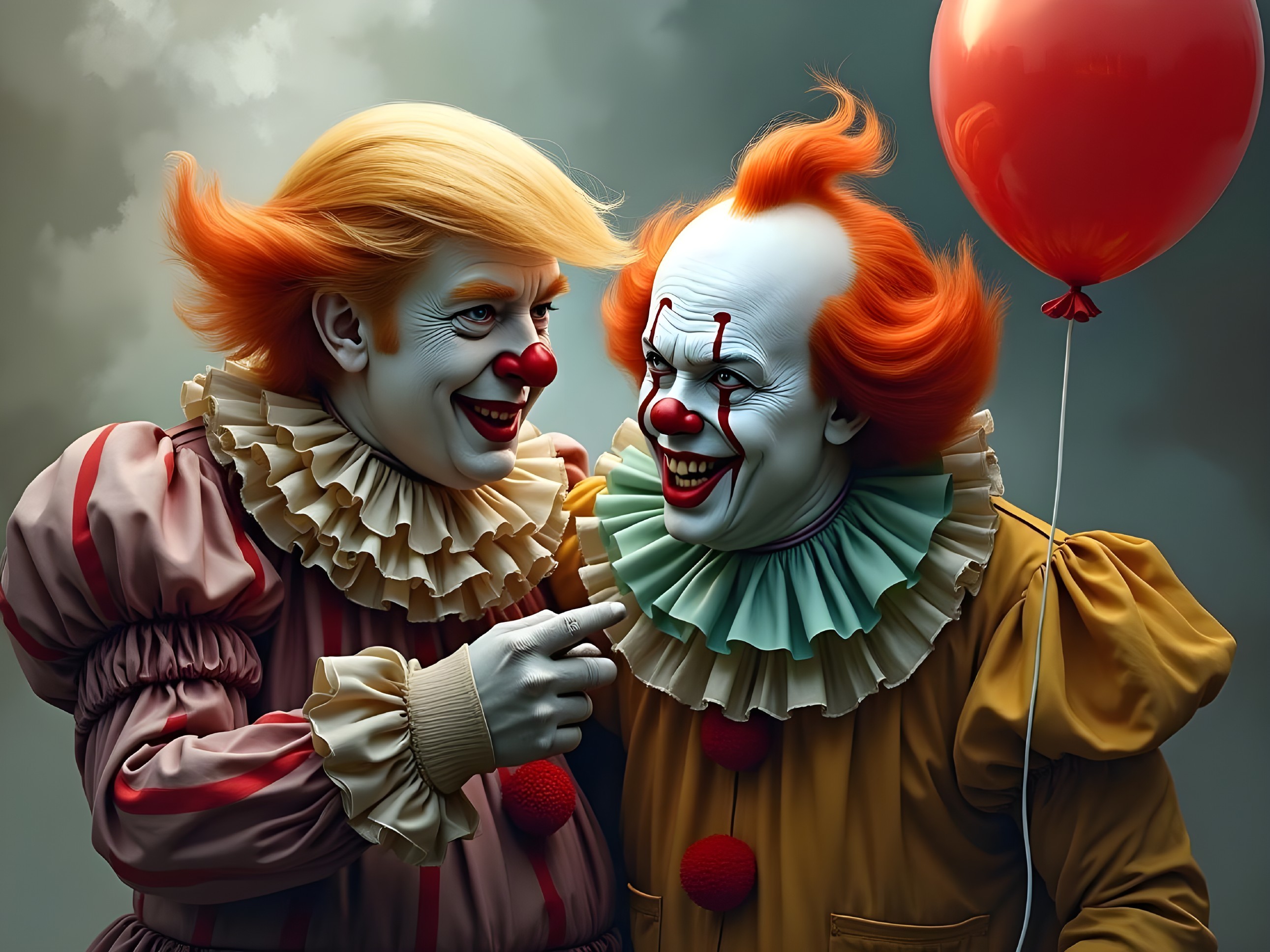 Clowns with Vibrant Hair in Moody Atmosphere
