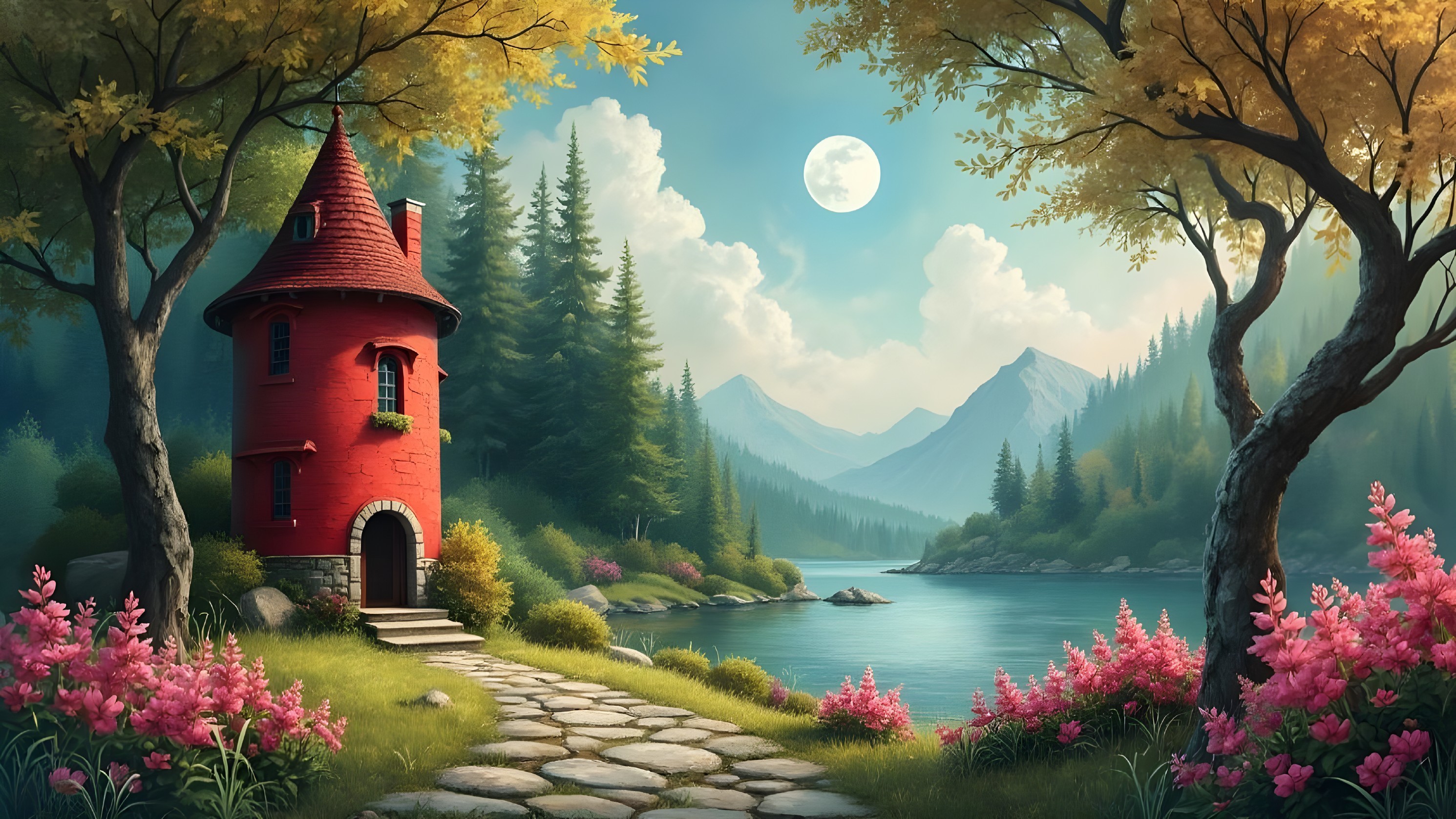Red Tower by Tranquil Lake with Mountains and Flowers