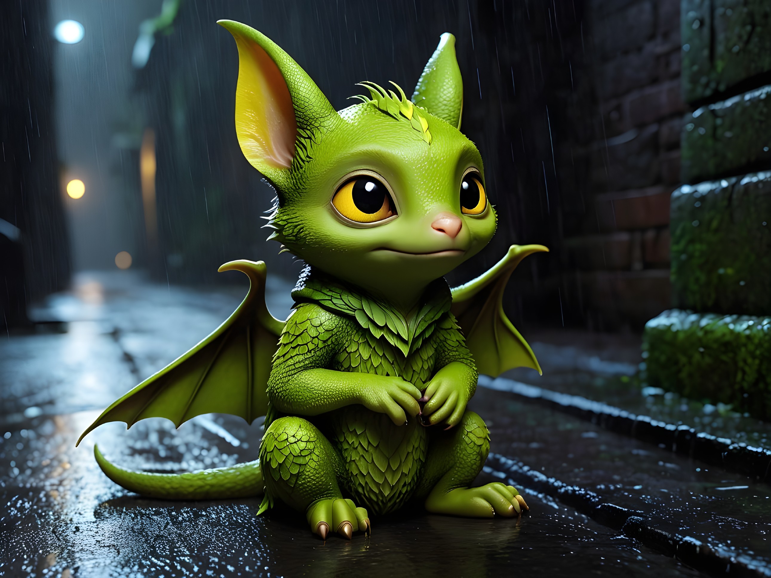 Green Dragon-Like Creature on Wet Cobblestone Street