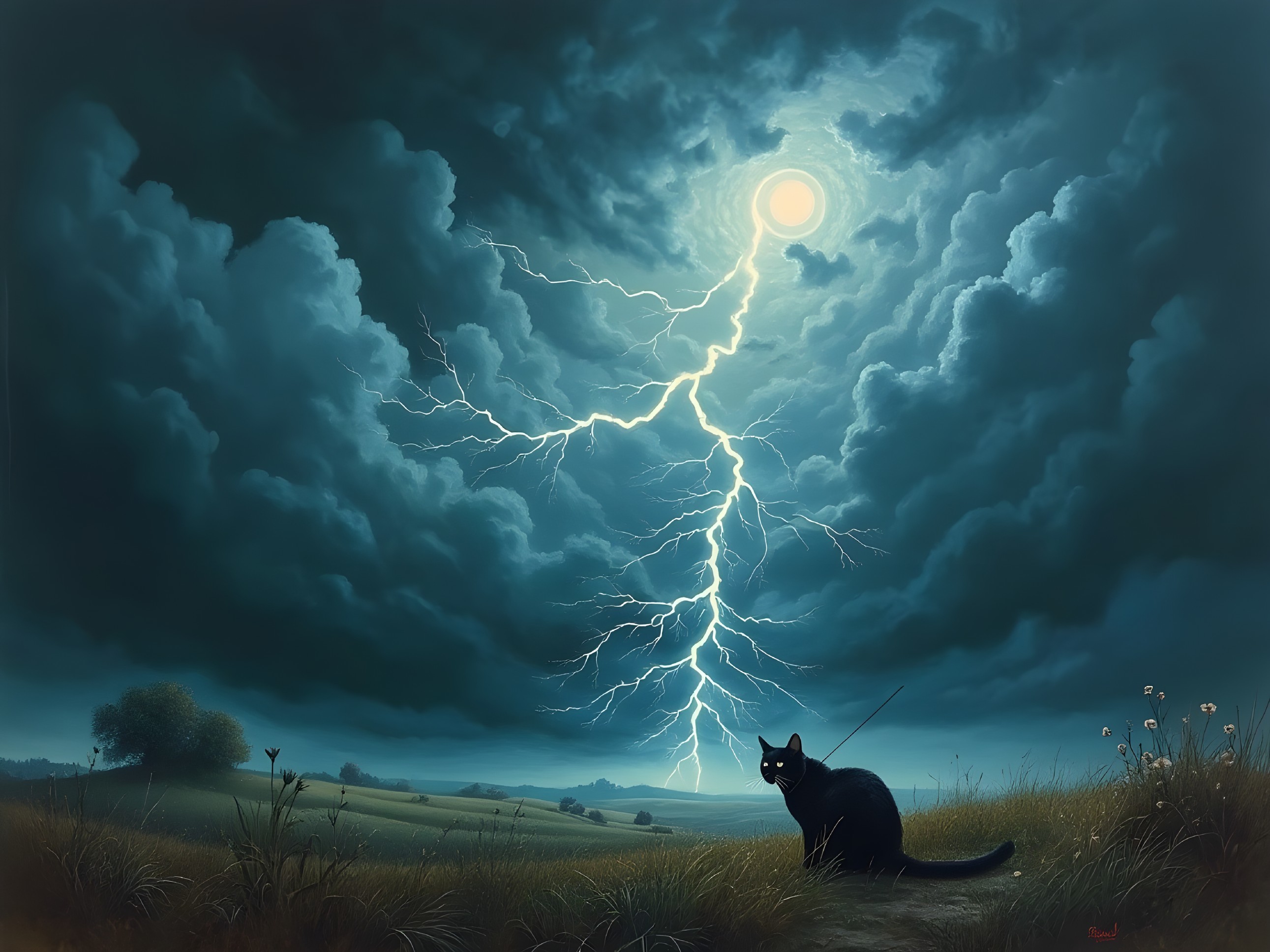 Stormy Landscape with Lightning and a Black Cat