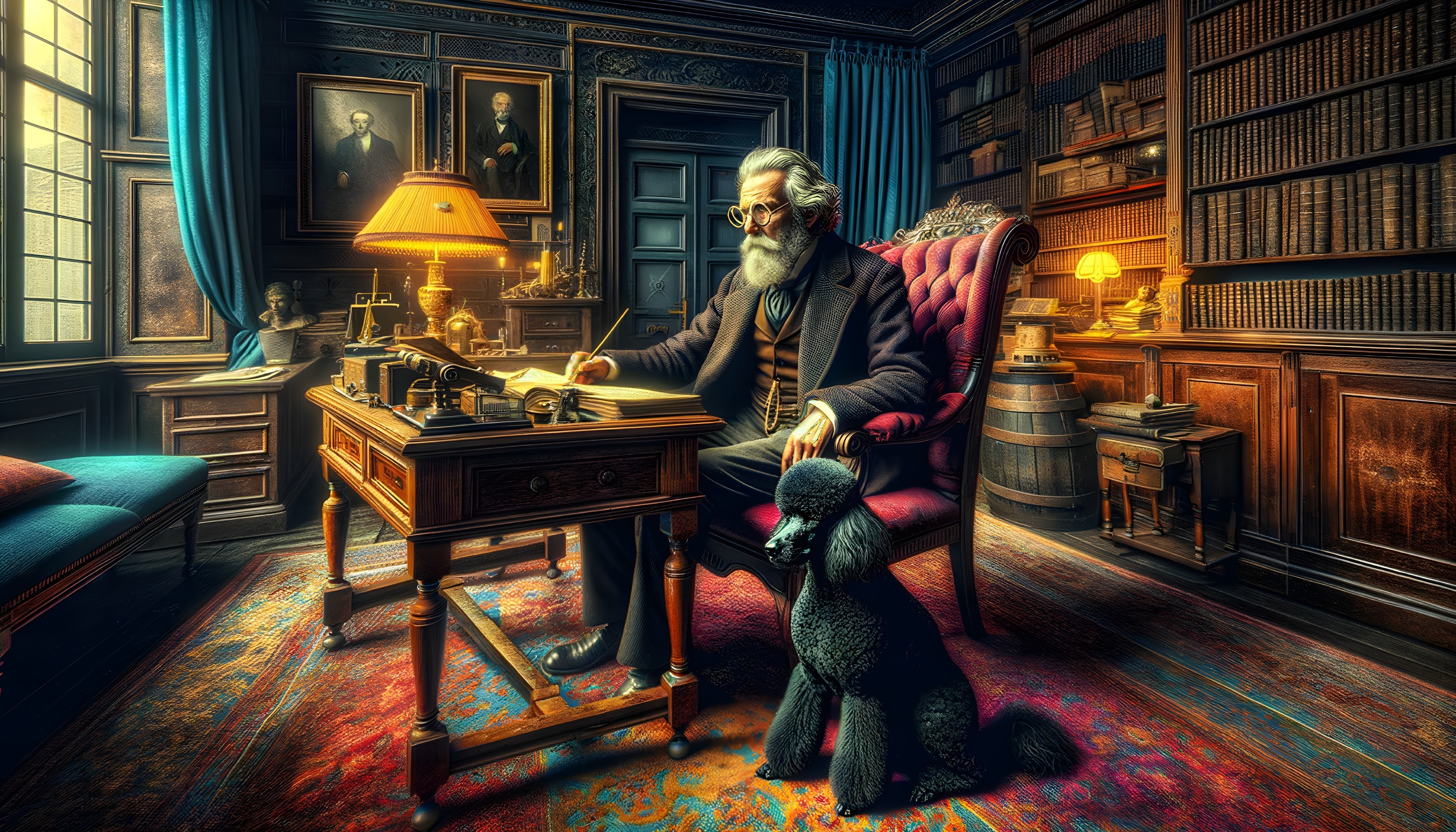 Elderly Man Writing in Classical Library with Plush Toy Poodle